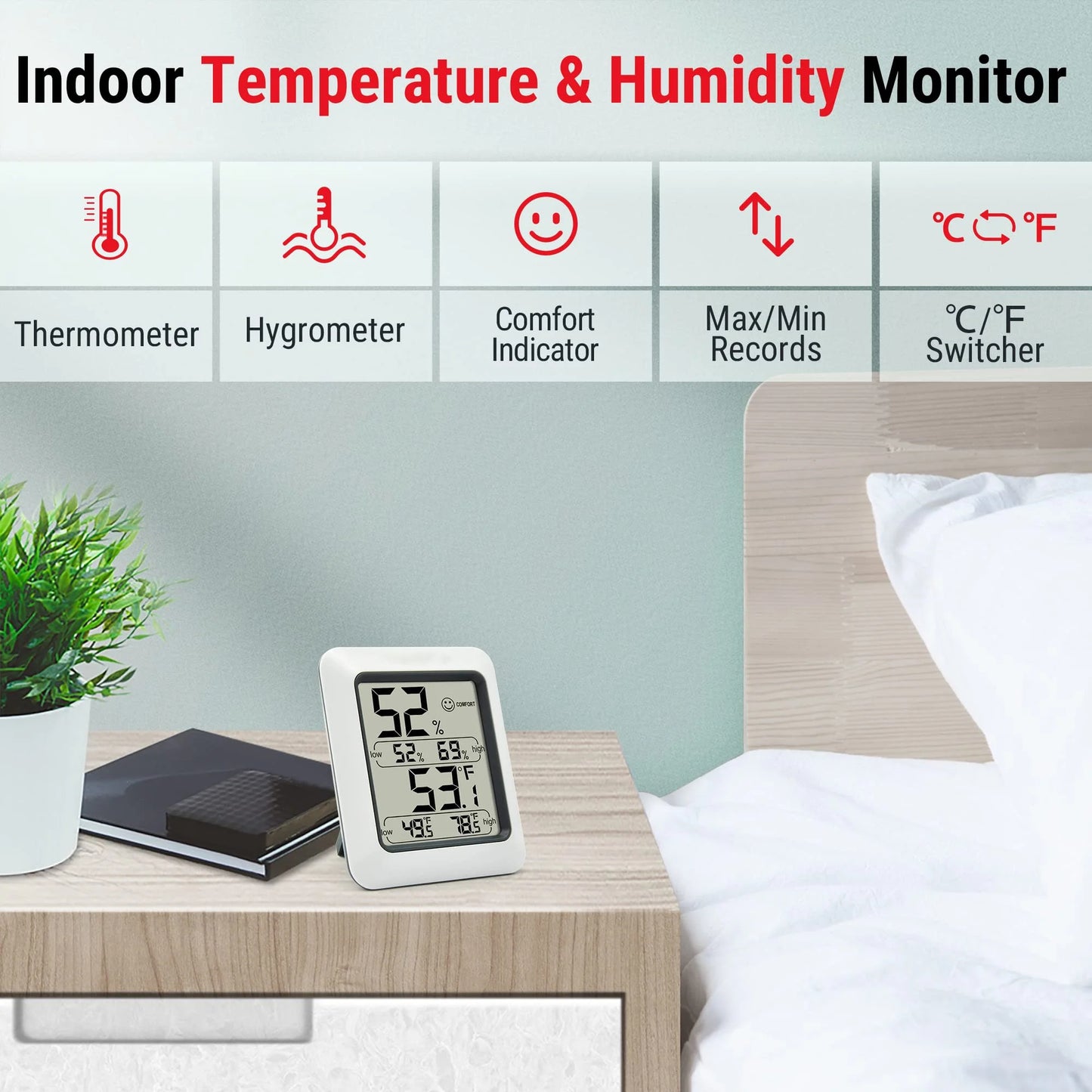ALLJOY Digital Hygrometer Indoor Thermometer Room Thermometer and Humidity Gauge with Temperature Humidity Monitor