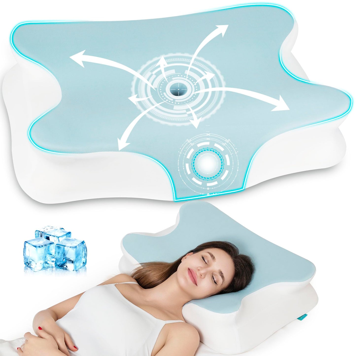 ALLJOY Cervical Pillow for Neck Pain Relief,Ergonomic Cervical Pillow Sleeping for Relief Shoulder Pain, Memory Foam with Breathable Pillowcase Adult Queen Blue-White