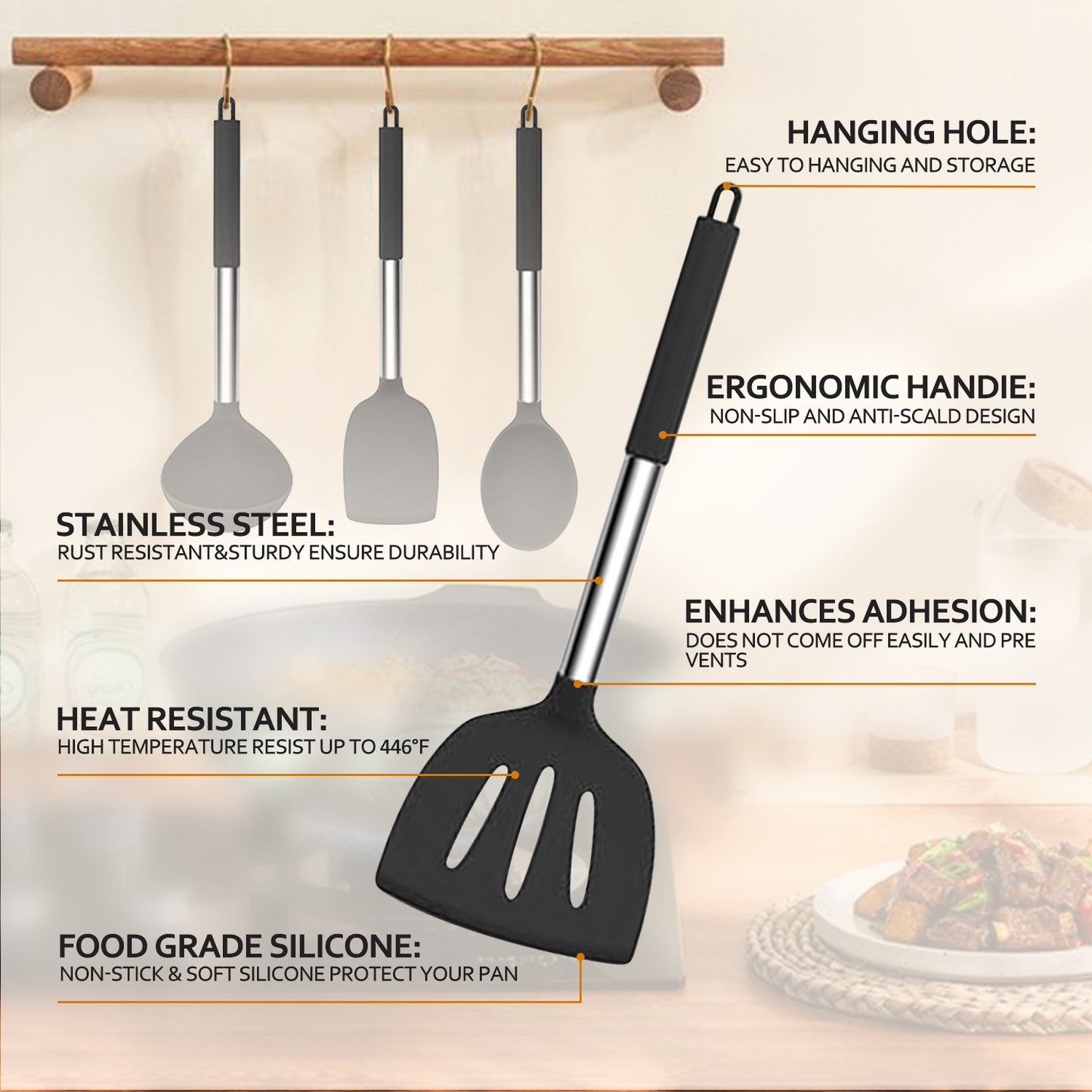 ALLJOY Silicone Cooking Utensils Set-30 Pcs Heat Resistant Stainless Steel Kitchen Utensils, Baking Tools Kitchen Gadgets,Dishwasher Safe, Black