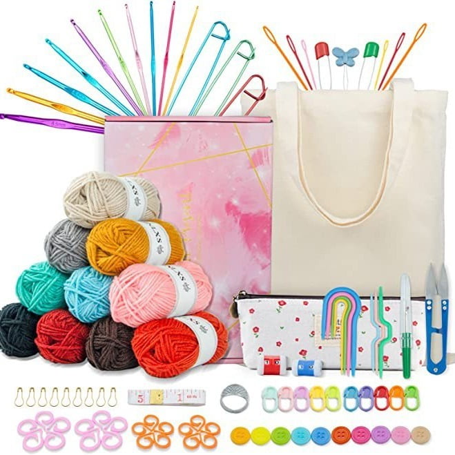 ALLJOY 96 Piece Beginners Crochet Kit with Crochet Hooks Yarn Set, Premium Bundle Includes Yarn Balls, Needles, Accessories Kit, Canvas Tote Bag for Travel