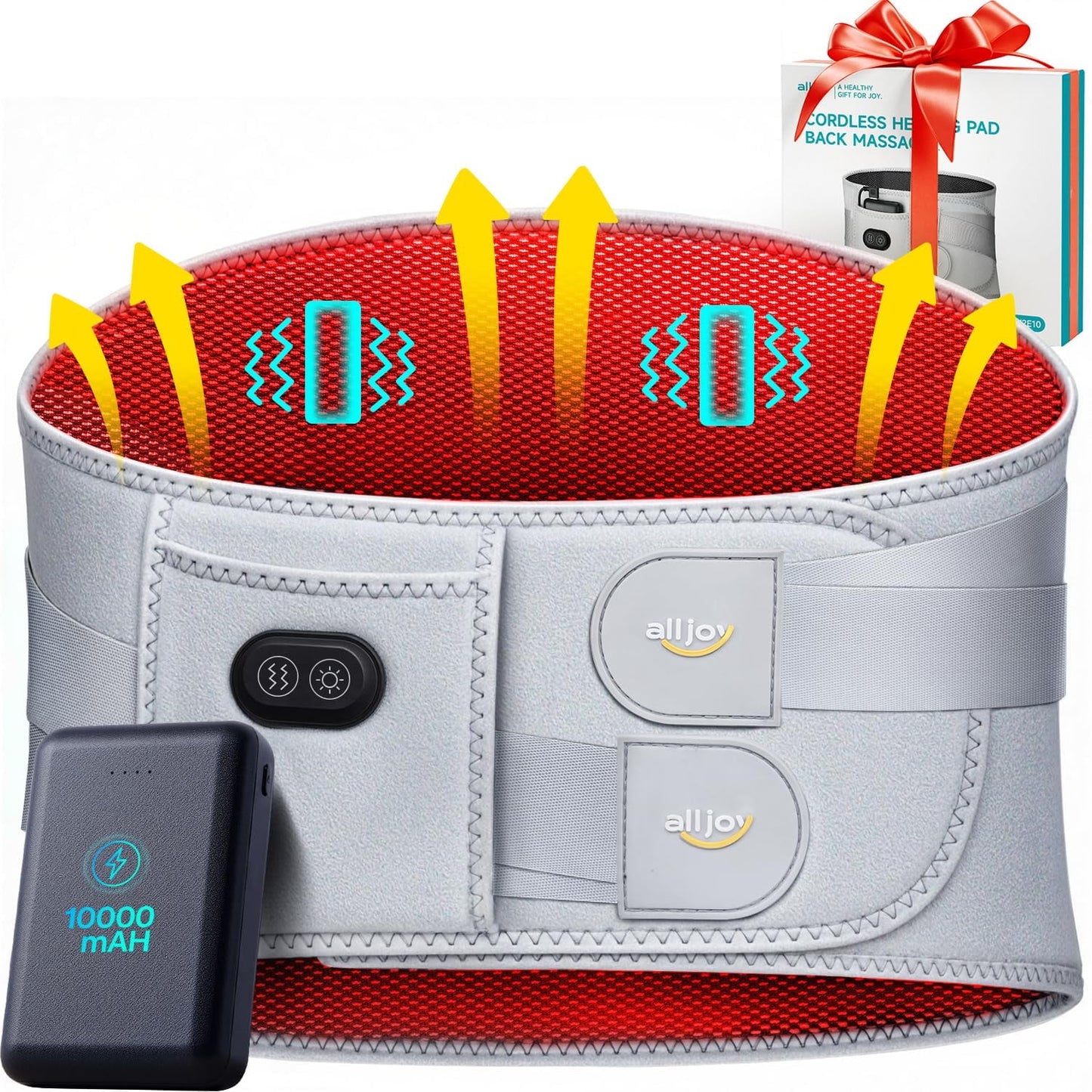 ALLJOY 67" Cordless Heating Pad for Back Pain Relief, 10000mAh Lower Back Massager with 3 Heat 3 Vibration, Gifts for Mom Women Men Dad