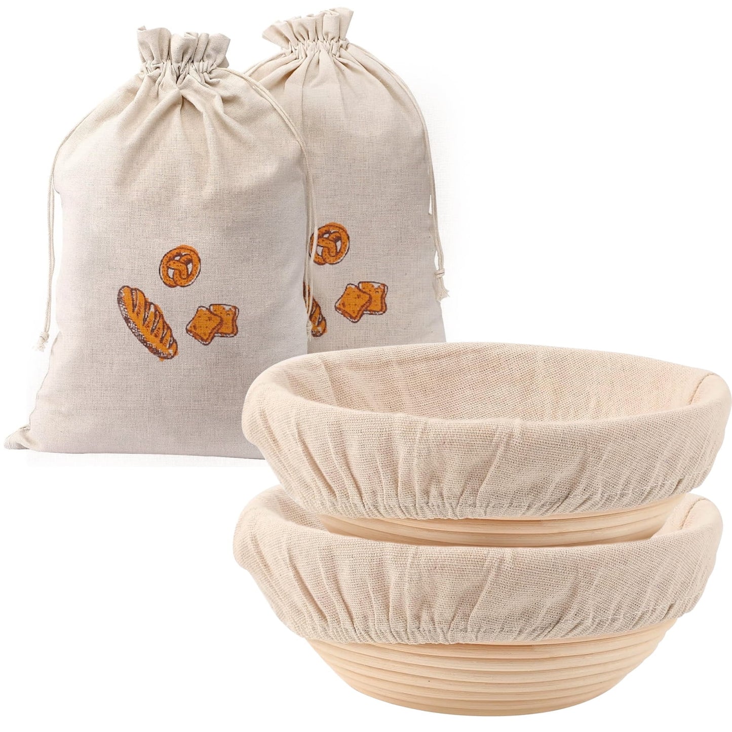 ALLJOY 2pcs Banneton Bread Proofing Basket with 2 Bread Bag,9 Inch Set of 2 Round Sourdough Bread Proofing Baskets Baking Supplies,Sourdough Starter Kit