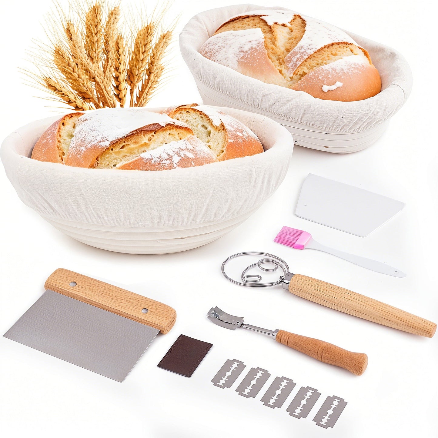 ALLJOY Bread Proofing Basket Set of 2, 9 Inch Round & Oval Banneton Baskets with Linen Liners, Dough Scraper, Bread Lame, Whisk & Baking Tools for Sourdough Bread Making