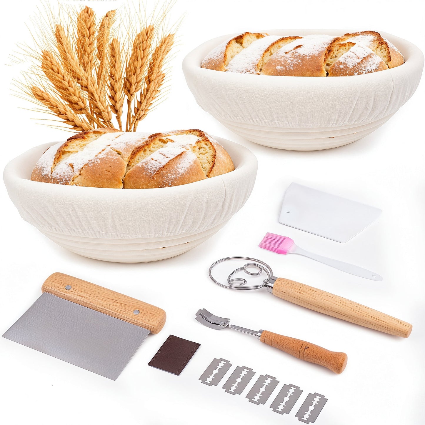 ALLJOY Bread Proofing Basket Set of 2,9 Inch Round Banneton Baskets with Linen Liners, Dough Scraper, Bread Lame, Whisk & Baking Tools for Sourdough Bread Making