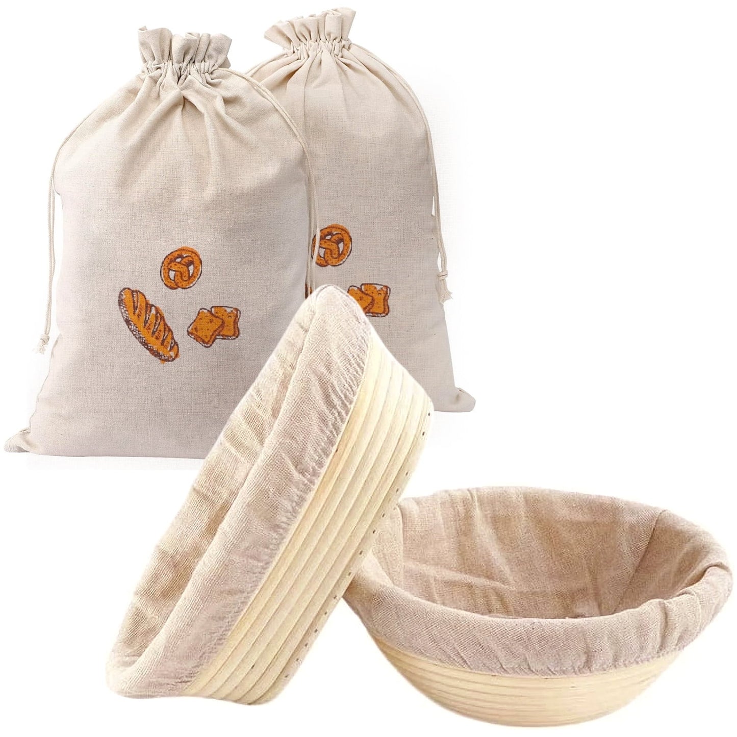 ALLJOY 2pcs Banneton Bread Proofing Basket with 2 Bread Bag,9 Inch Round & 10 Oval Cane Sourdough Bread Proofing Baskets Baking Supplies,Sourdough Starter Kit