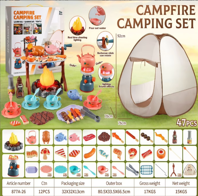 ALLJOY Kids' Camping Playset - Pop-up Tent, Pretend BBQ Campfire with Toy Food, Outdoor & Indoor Educational Toys for 3 - 10 Years Boys & Girls, Hiking Adventure Gifts