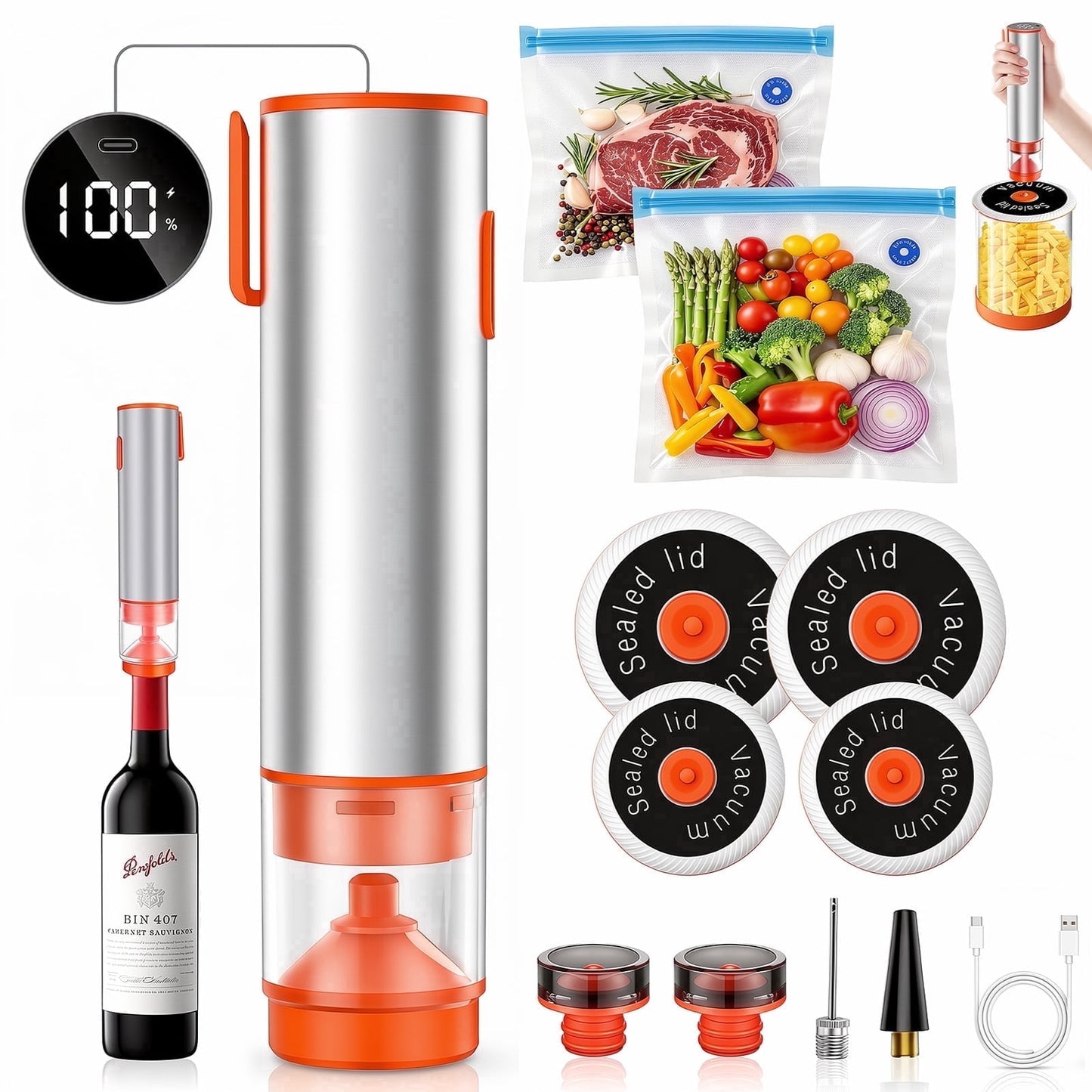 Okjoy Handheld Mason Jar Vacuum Sealer for Food, Portable Food Vacuum Sealer Kit for Travel with Reusable Mason Jars, Vacuum Bags, and Wine Stoppers, Gifts for Mom, Wife, Chef, and Home