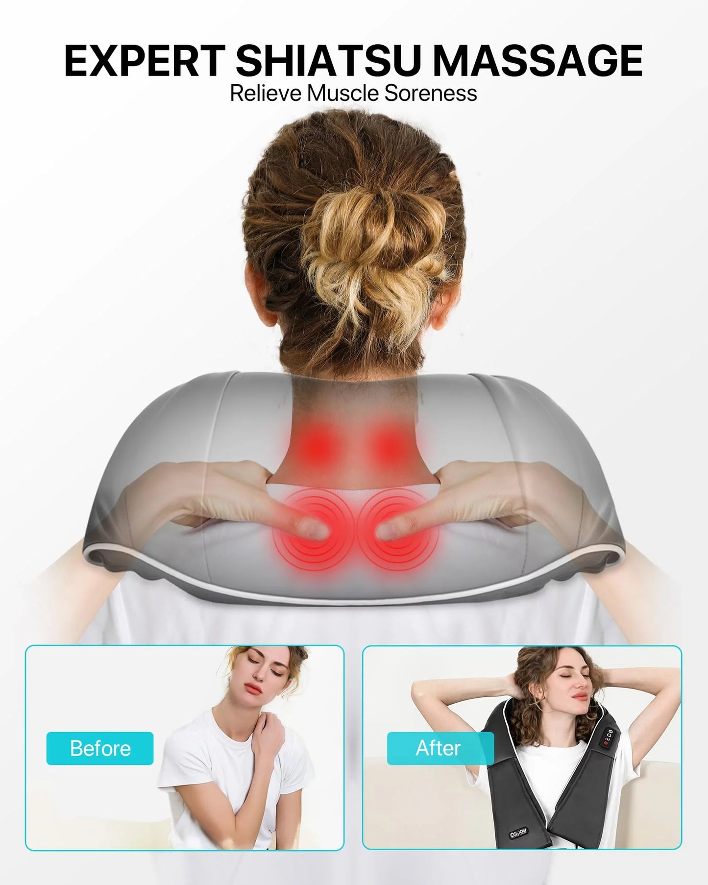 ALLJOY Shiatsu Shoulder and Neck Massager with Heating, Electric Deep Tissue 3D Kneading Massager to Relieve Whole Body Muscle Pain, Use at Home, Car, Office