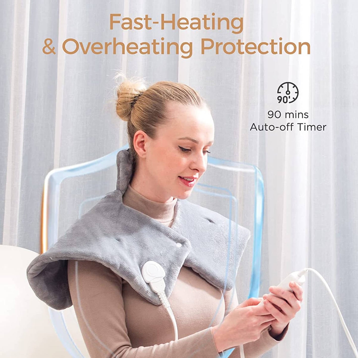 ALLJOY Heating Pad for Neck and Shoulders Pain Relief Cramps, 25"x18" Skin-Friendly Heated Neck Wrap 3 Fast Heat Setting with Auto Shut Off for Home and Office, Machine Washable, Gray