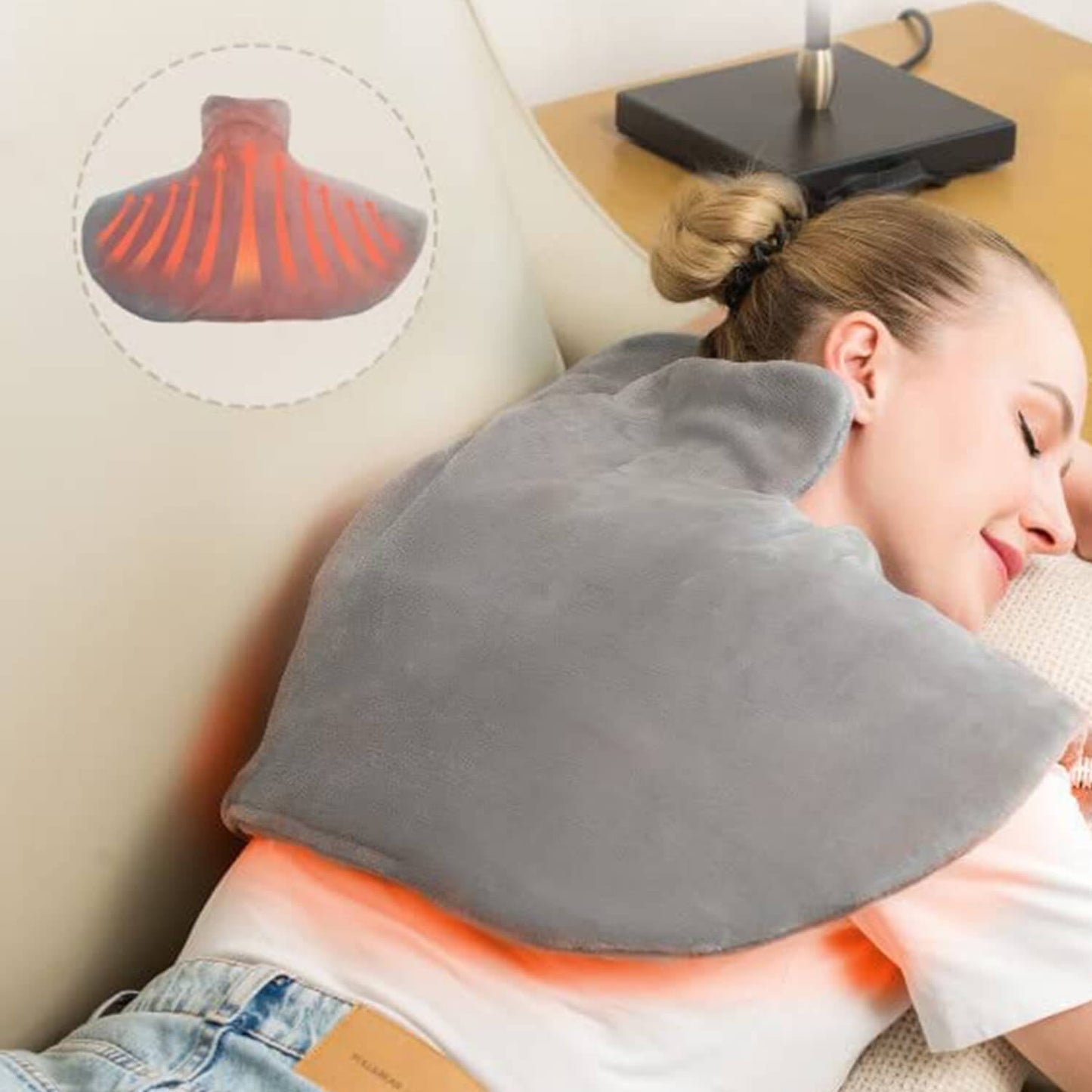 ALLJOY Heating Pad for Neck and Shoulders Pain Relief Cramps, 25"x18" Skin-Friendly Heated Neck Wrap 3 Fast Heat Setting with Auto Shut Off for Home and Office, Machine Washable, Gray