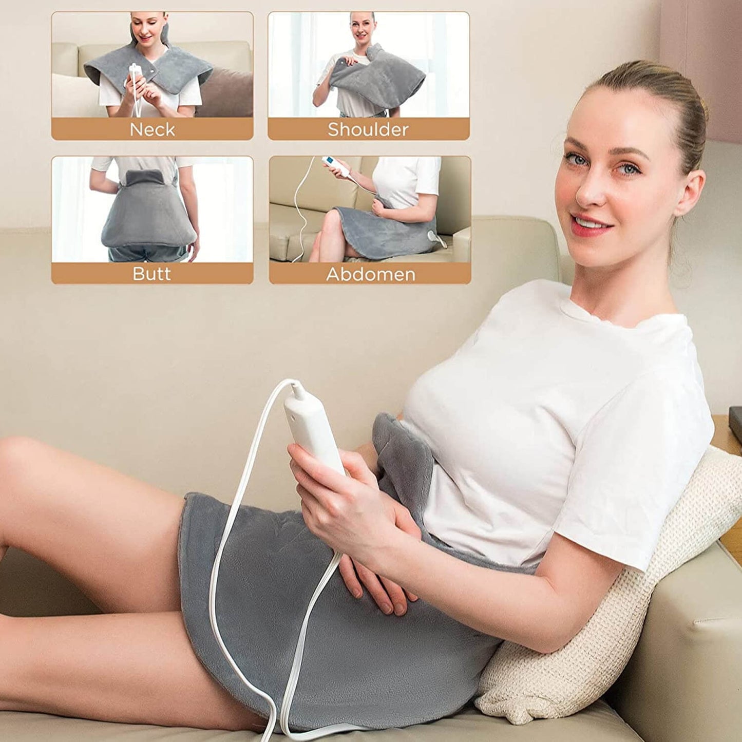 ALLJOY Heating Pad for Neck and Shoulders Pain Relief Cramps, 25"x18" Skin-Friendly Heated Neck Wrap 3 Fast Heat Setting with Auto Shut Off for Home and Office, Machine Washable, Gray