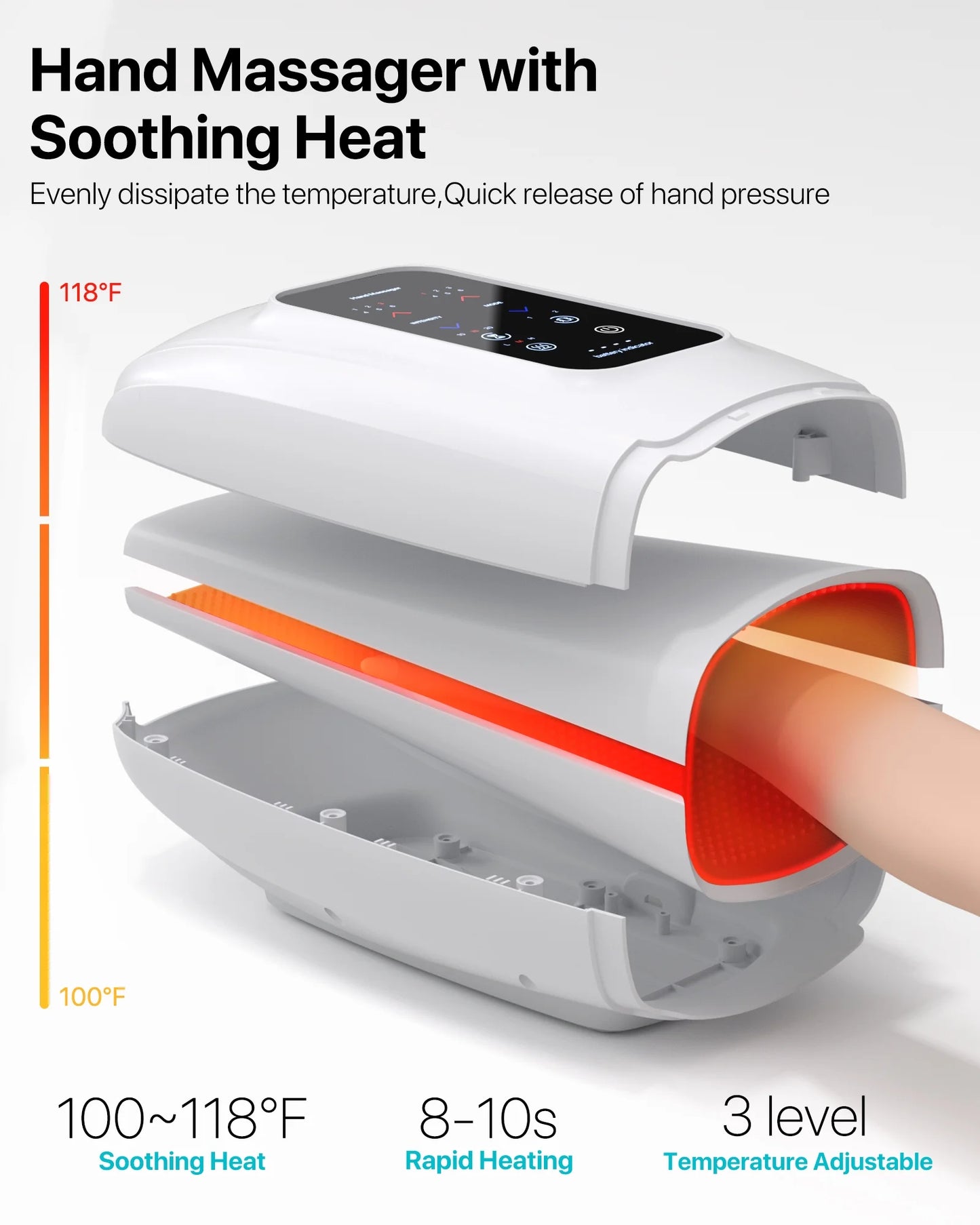 ALLJOY Touchscreen Cordless Hand Massager for Arthritis and Carpal Tunnel Relief, with Compression Vibration and Heat, 6 Levels Pressure Point Therapy, Gifts for Women Men Mom Dad(White)