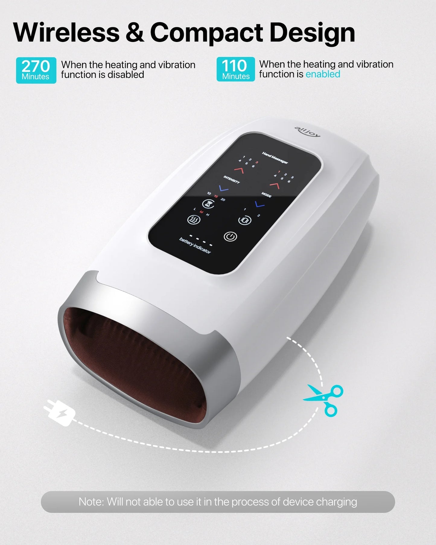 ALLJOY Touchscreen Cordless Hand Massager for Arthritis and Carpal Tunnel Relief, with Compression Vibration and Heat, 6 Levels Pressure Point Therapy, Gifts for Women Men Mom Dad(White)