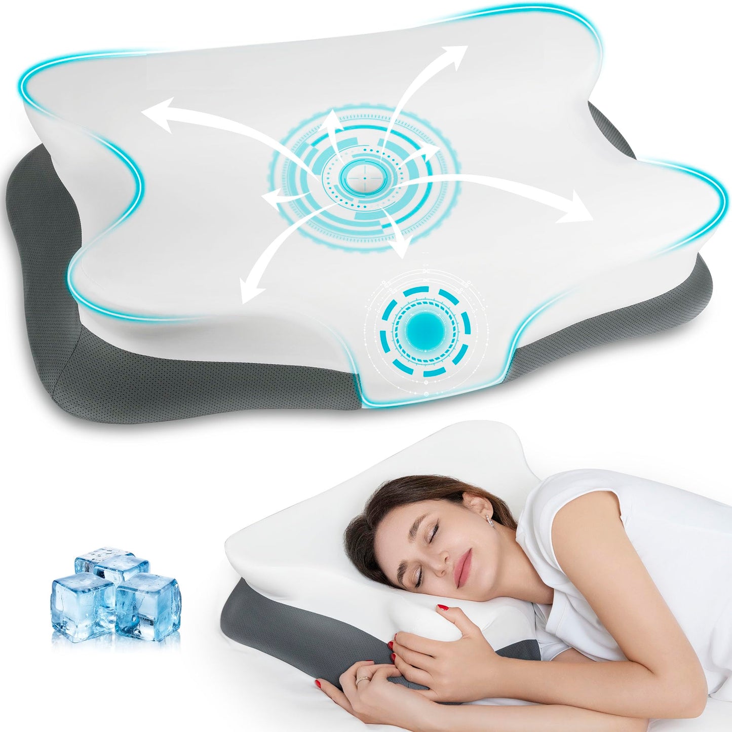 ALLJOY Cervical Pillow for Neck Pain Relief,Ergonomic Cervical Pillow Sleeping for Relief Shoulder Pain, Memory Foam with Breathable Pillowcase Adult Queen Gray-White