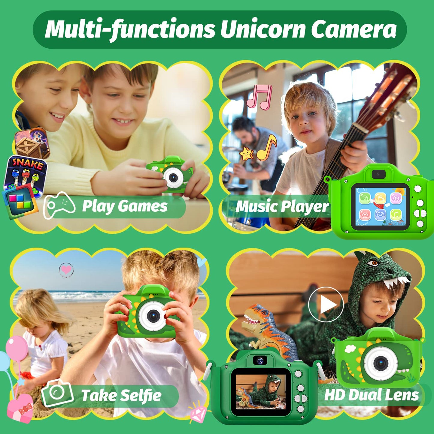 ALLJOY Dinosaur Kids Camera, Christmas Birthday Gifts for Girls Boys 3-12, 1080P HD Selfie Digital Video Camera for Toddlers, Cute Portable Little Girls Boys Gifts Toys for 3 4 5 6 7 8 9 Years Old