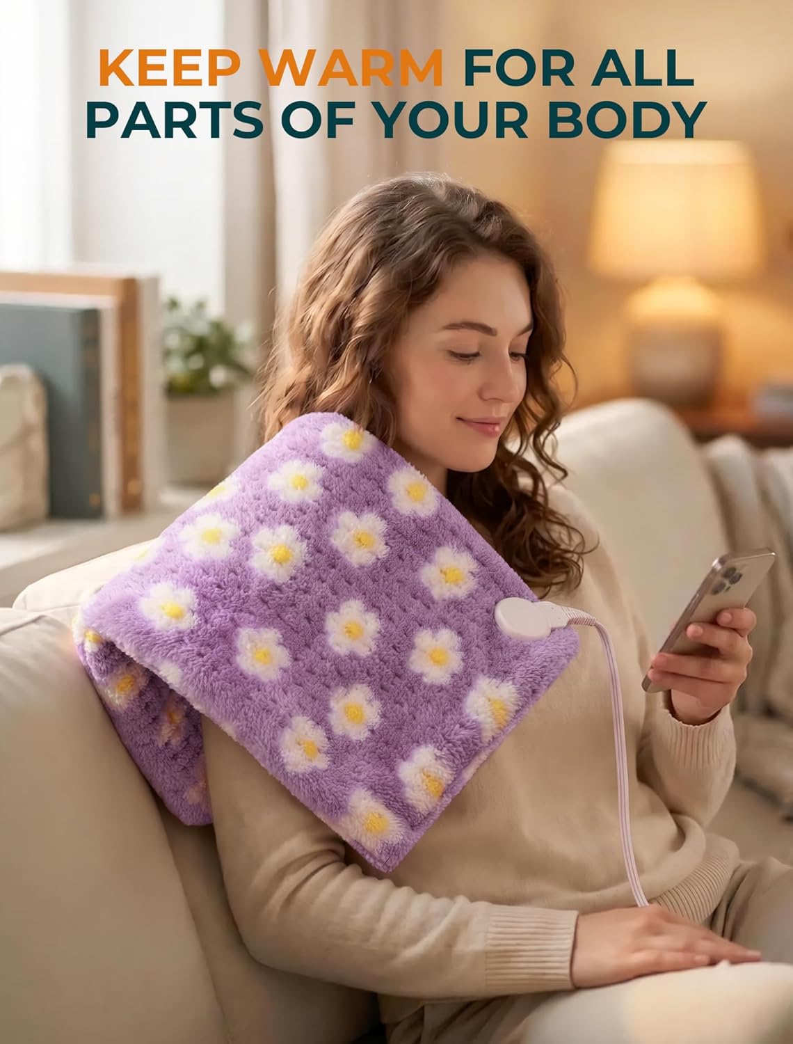 ALLJOY Electric Large Heating Pad for Neck, Back, and Shoulders with 6 Heat Levels & 8 Timers, Auto Shut Off - 24" x 12" - Purple