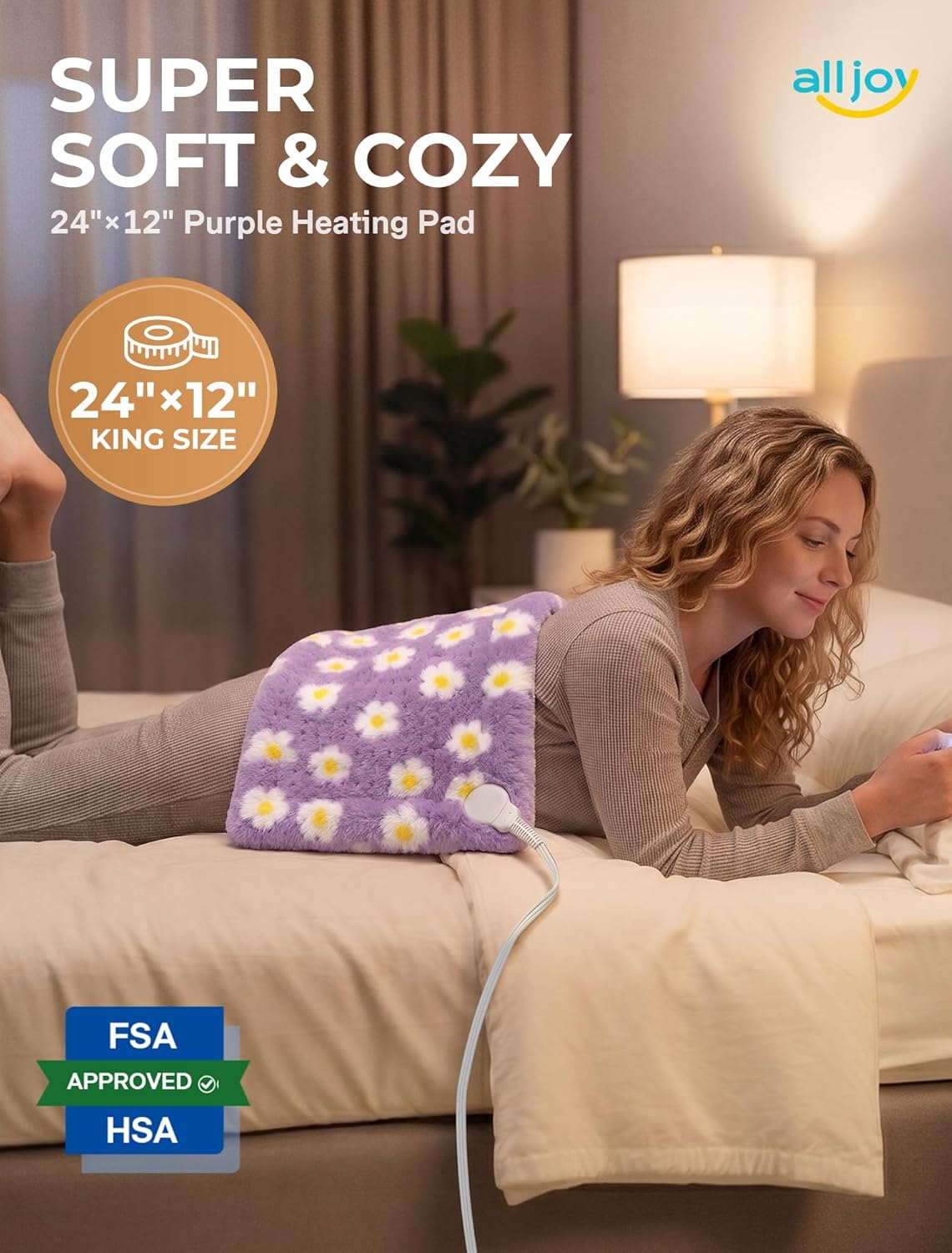 ALLJOY Electric Large Heating Pad for Neck, Back, and Shoulders with 6 Heat Levels & 8 Timers, Auto Shut Off - 24" x 12" - Purple