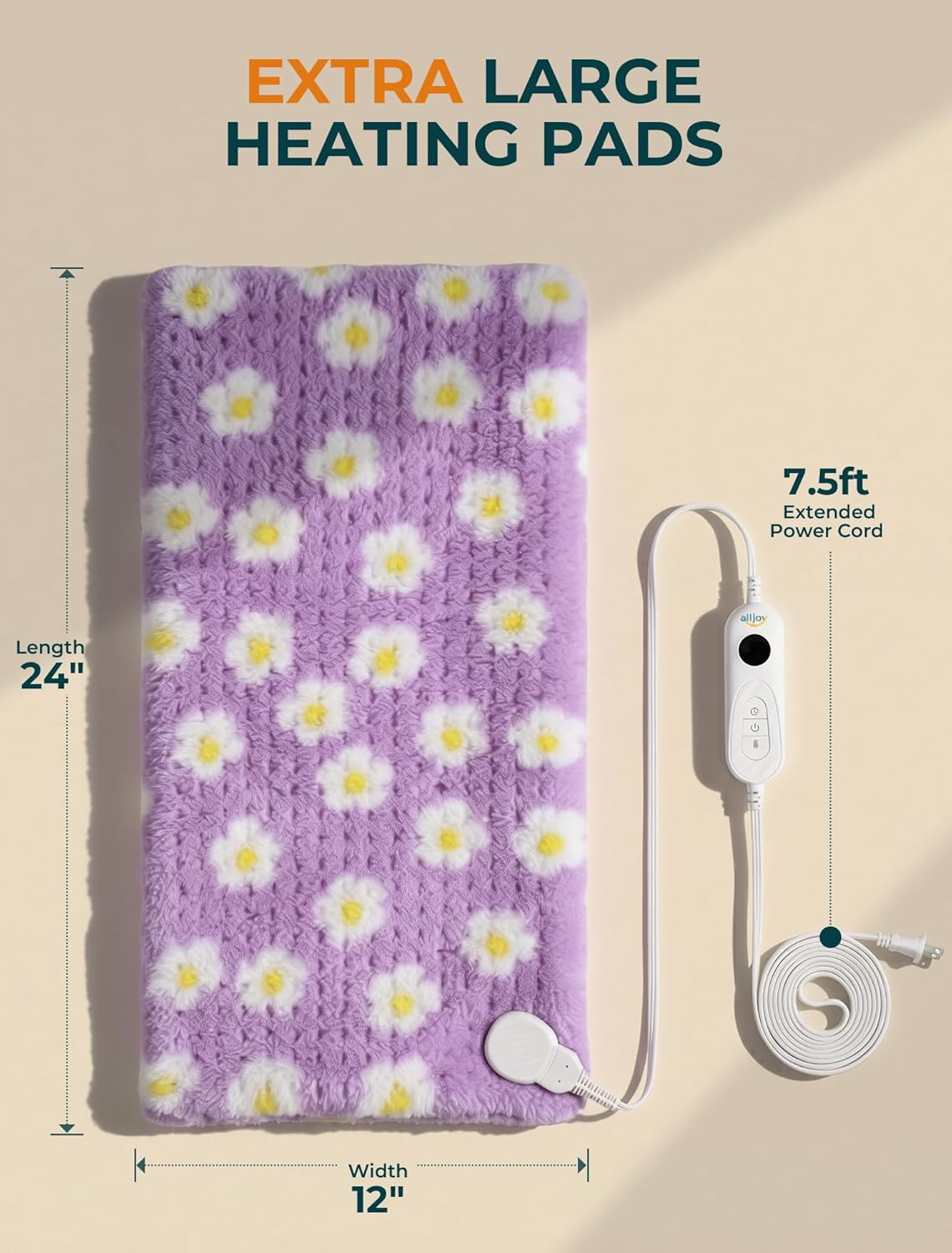 ALLJOY Electric Large Heating Pad for Neck, Back, and Shoulders with 6 Heat Levels & 8 Timers, Auto Shut Off - 24" x 12" - Purple
