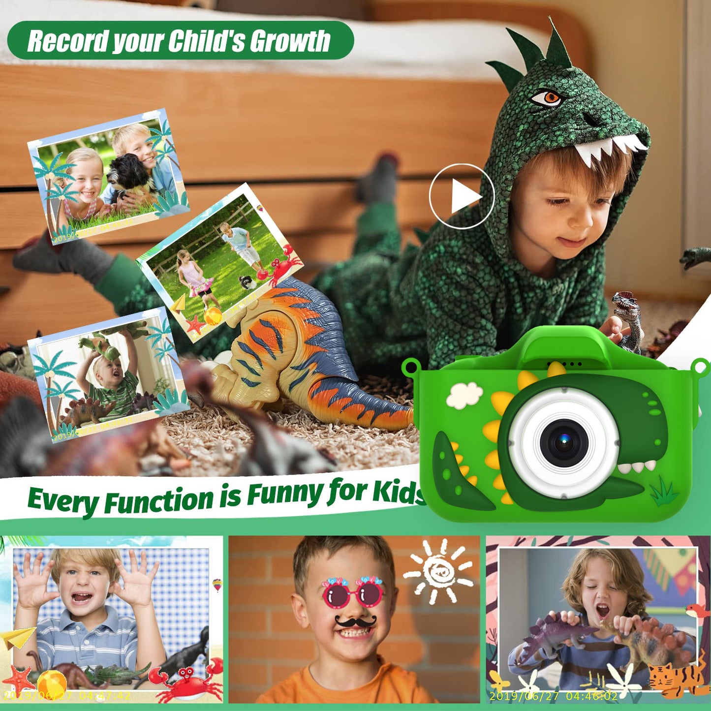 ALLJOY Dinosaur Kids Camera, Christmas Birthday Gifts for Girls Boys 3-12, 1080P HD Selfie Digital Video Camera for Toddlers, Cute Portable Little Girls Boys Gifts Toys for 3 4 5 6 7 8 9 Years Old