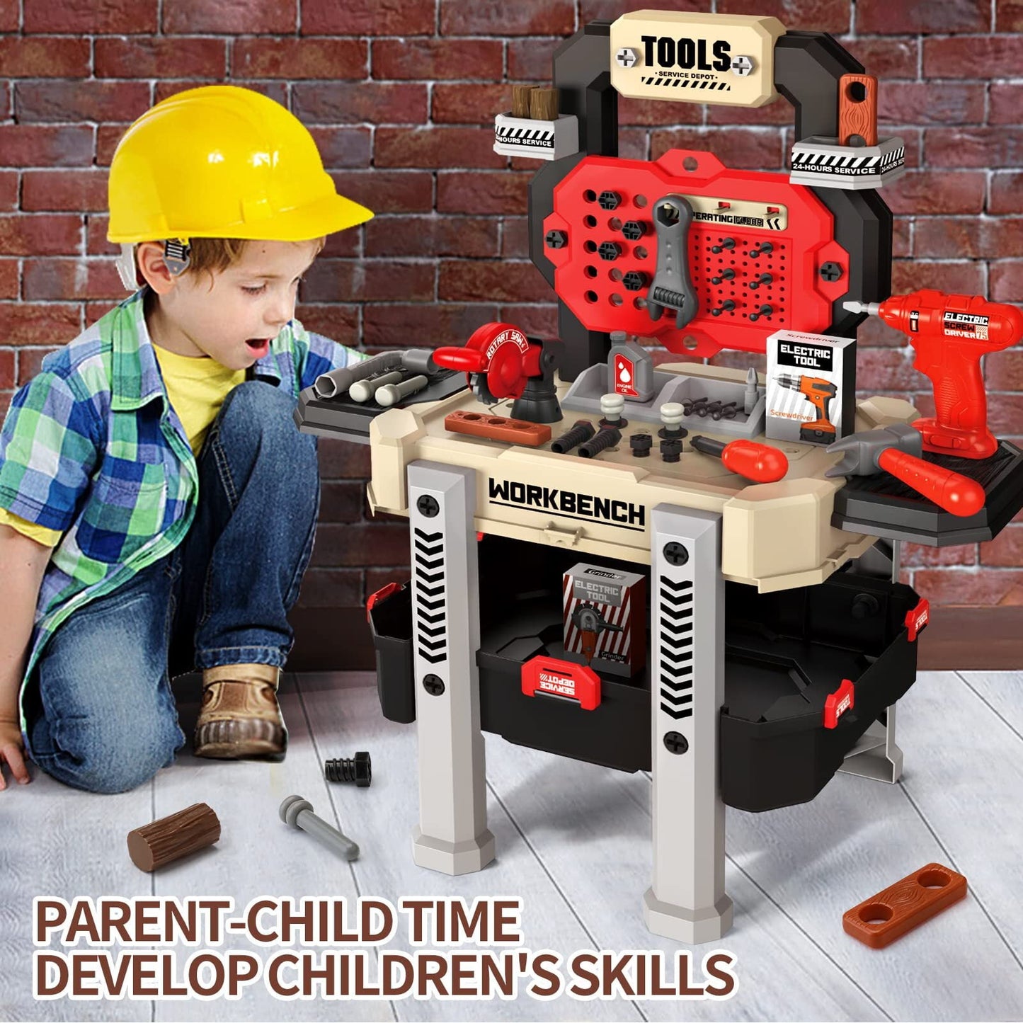 ALLJOY Kids Tool Bench with Realistic Tools and Electric Drill, 79 Pcs Transformable Kids Tool Set with Clothes, Toddler Tool Bench Pretend Play Learning Gift for Boys & Girls Age 3-5