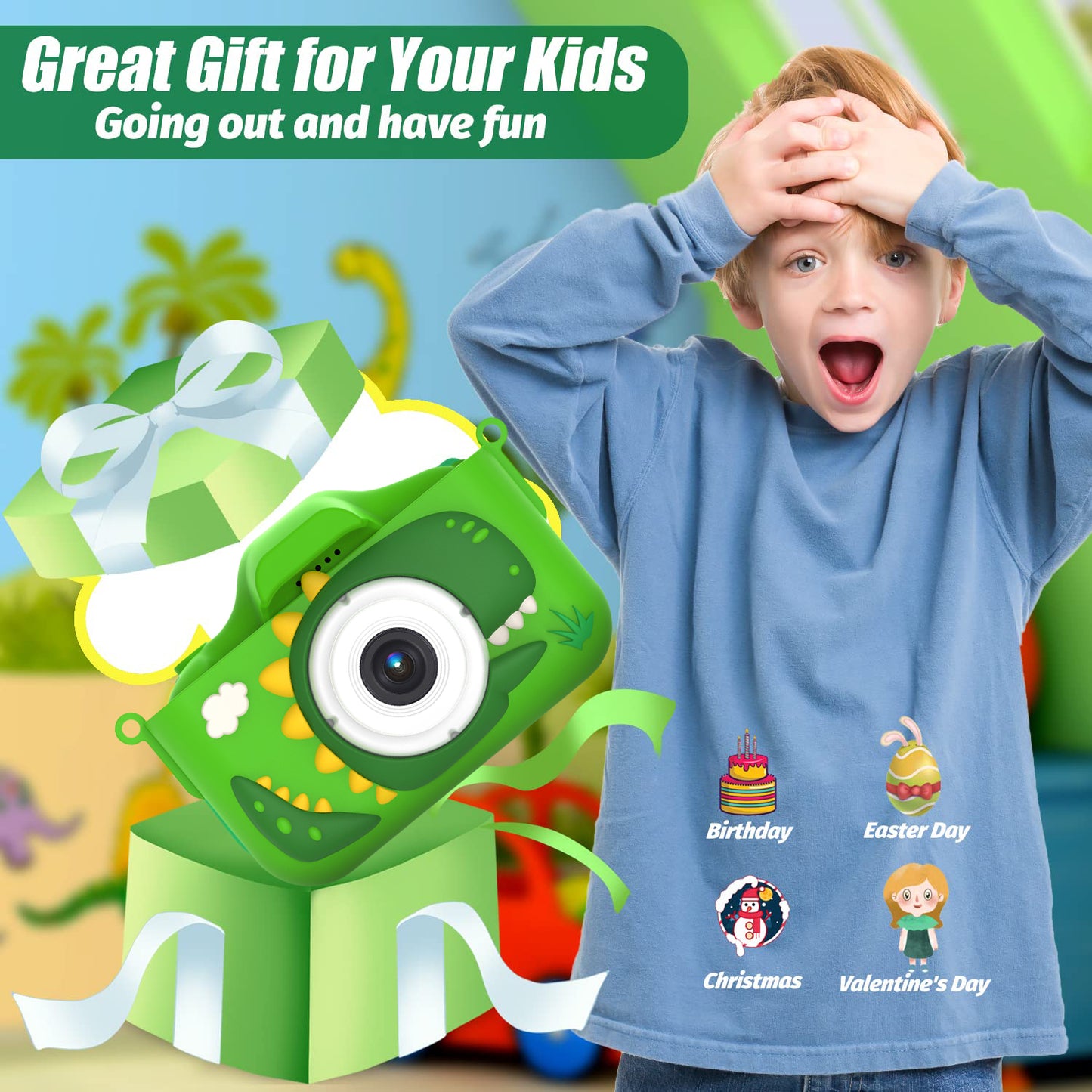 ALLJOY Dinosaur Kids Camera, Christmas Birthday Gifts for Girls Boys 3-12, 1080P HD Selfie Digital Video Camera for Toddlers, Cute Portable Little Girls Boys Gifts Toys for 3 4 5 6 7 8 9 Years Old