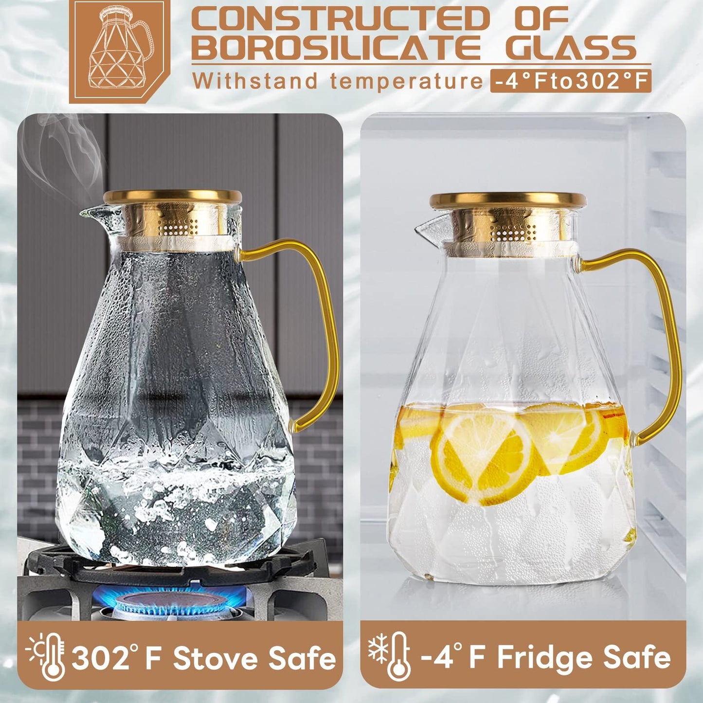 ALLJOY Glass Pitcher,74oz/2.2 Liter Water Pitcher with Lid,Beverage Serveware,Iced Tea Pitcher,Water Carafe Handle,Heat Resistant Borosilicate Jug