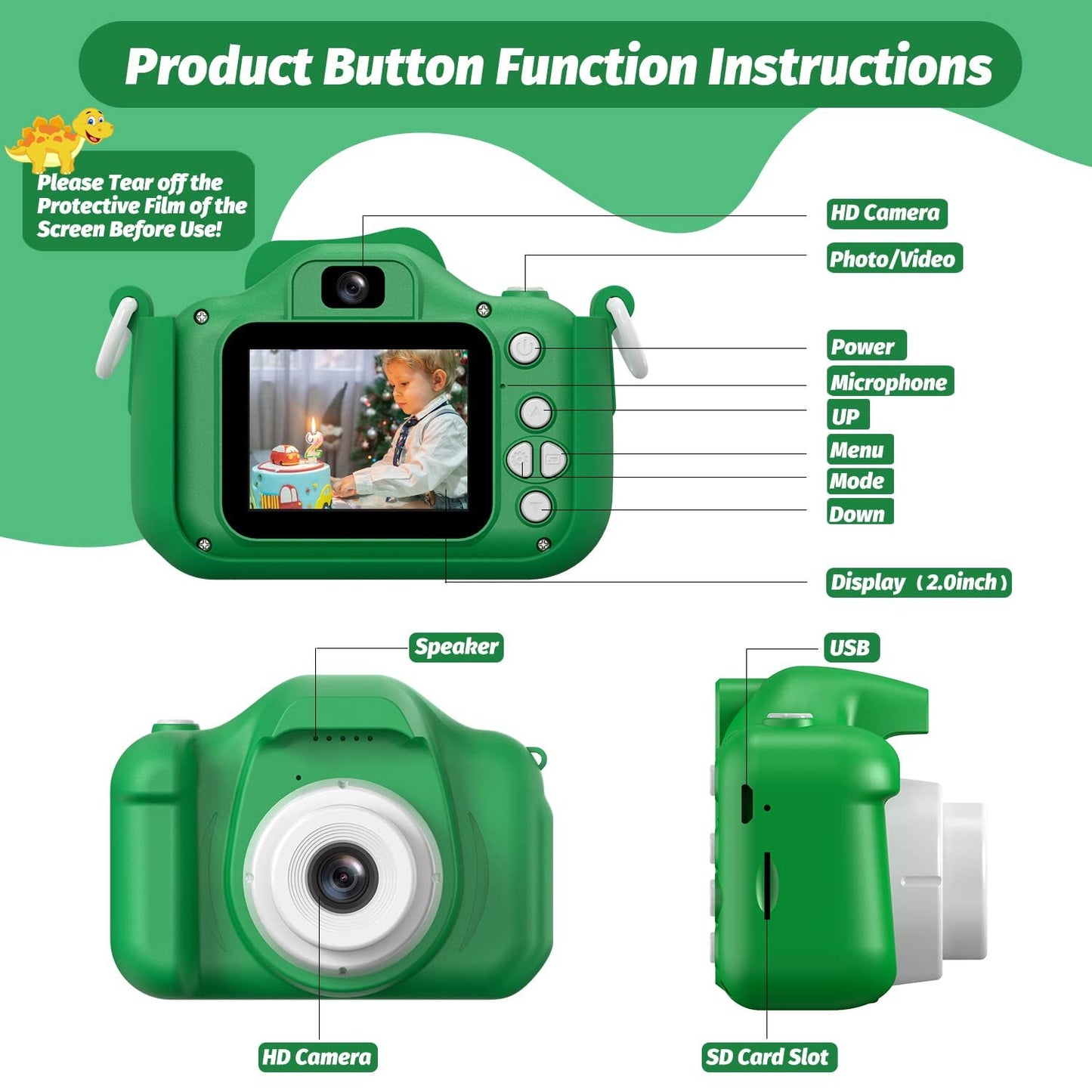 ALLJOY Dinosaur Kids Camera, Christmas Birthday Gifts for Girls Boys 3-12, 1080P HD Selfie Digital Video Camera for Toddlers, Cute Portable Little Girls Boys Gifts Toys for 3 4 5 6 7 8 9 Years Old