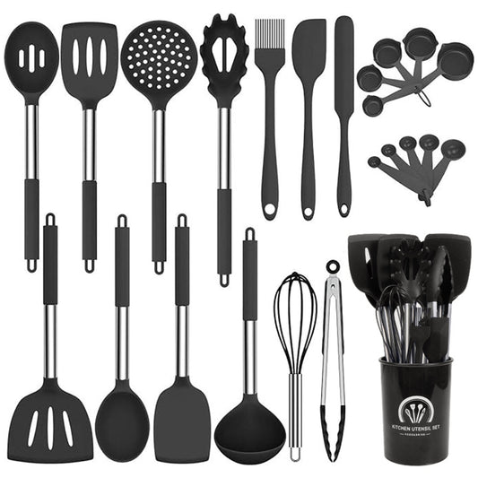 ALLJOY Silicone Cooking Utensils Set-30 Pcs Heat Resistant Stainless Steel Kitchen Utensils, Baking Tools Kitchen Gadgets，Dishwasher Safe, Black