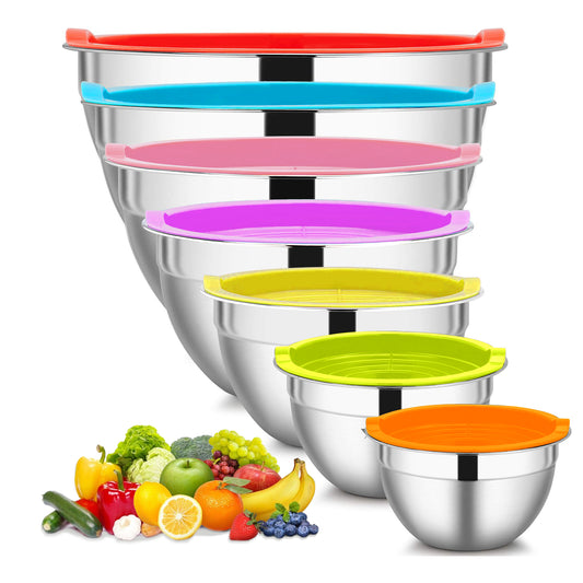 ALLJOY Mixing Bowls with Lid Set, 7PCS Stainless Steel Metal Nesting Bowls for Kitchen, Size 7/5.1/4.5/3.6/3/2.5/1.5 QT, Great for Prep, Baking, Serving-Multi-Color
