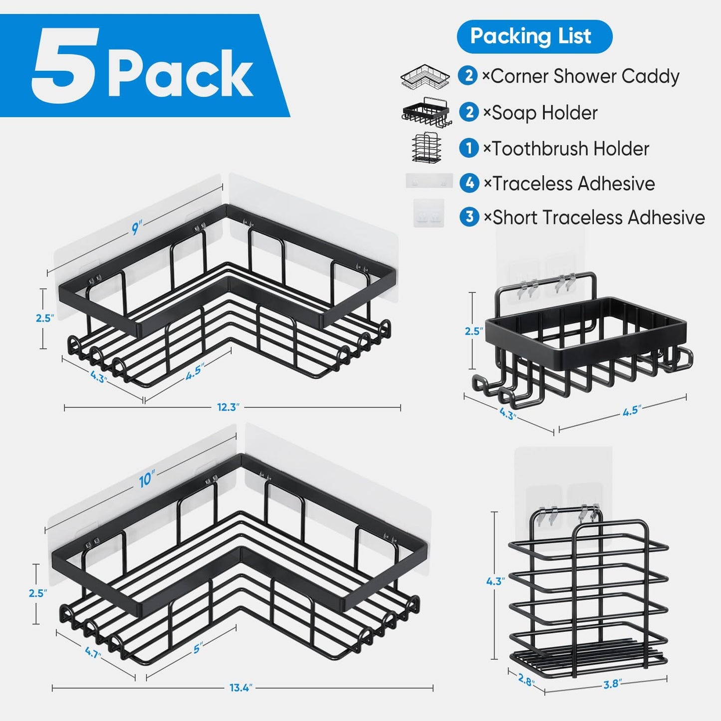 ALLJOY Corner Adhesive Shower Caddy, Rustproof Stainless Steel Bathroom Organizer, No Drilling Wall Mounted Rack, Black, 5-Pack