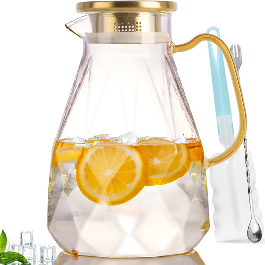 ALLJOY Glass Pitcher,74oz/2.2 Liter Water Pitcher with Lid,Beverage Serveware,Iced Tea Pitcher,Water Carafe Handle,Heat Resistant Borosilicate Jug