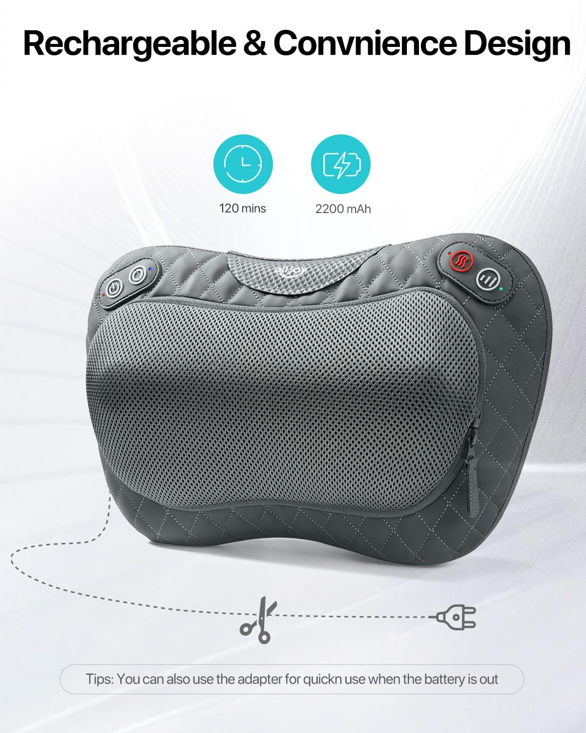 ALLJOY Cordless Shiatsu Neck and Back Massager with Soothing Heat, Rechargeable 3D Kneading Massage Pillow for Muscle Pain Relief, Use Unplugged, Detachable Cover