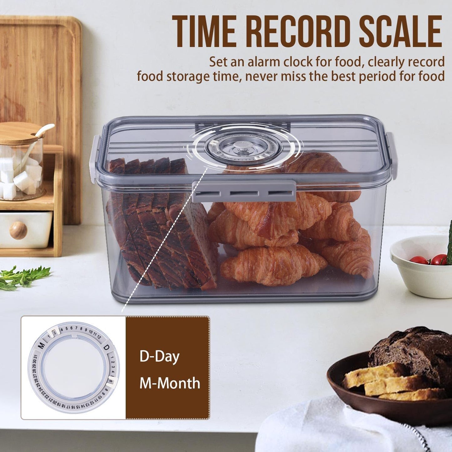 ALLJOY Bread Box Bread Boxes for Kitchen Counter Airtight, Time Recording Bread Storage Container with Lid, Bread Keeper for Homemade Bread, Toast, Bagel, Donut and Cookies, Grey