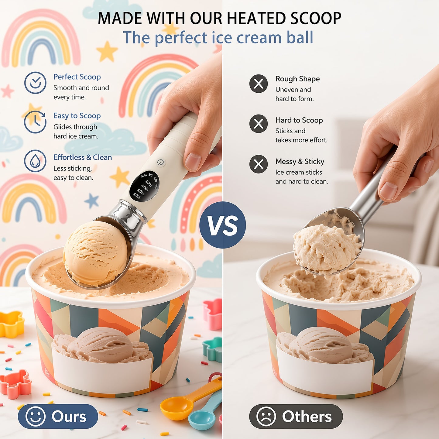 Heated Ice Cream Scoop,Okjoy, for Hard Ice Cream/Gelato,4-Speed Rechargeable Electric Warming Ice Cream Scooper with LED Display, Handheld Heating Up to 160°F, Easy to Clean