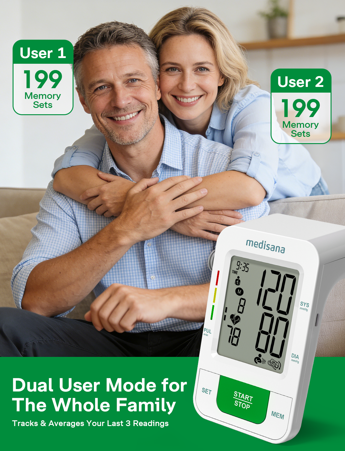 Medisana Blood Pressure Monitor with 2x199 Sets Memory, Automatic Upper Arm Blood Pressure Monitors for Home Use, LCD Digital Display, Adjustable Large Cuff