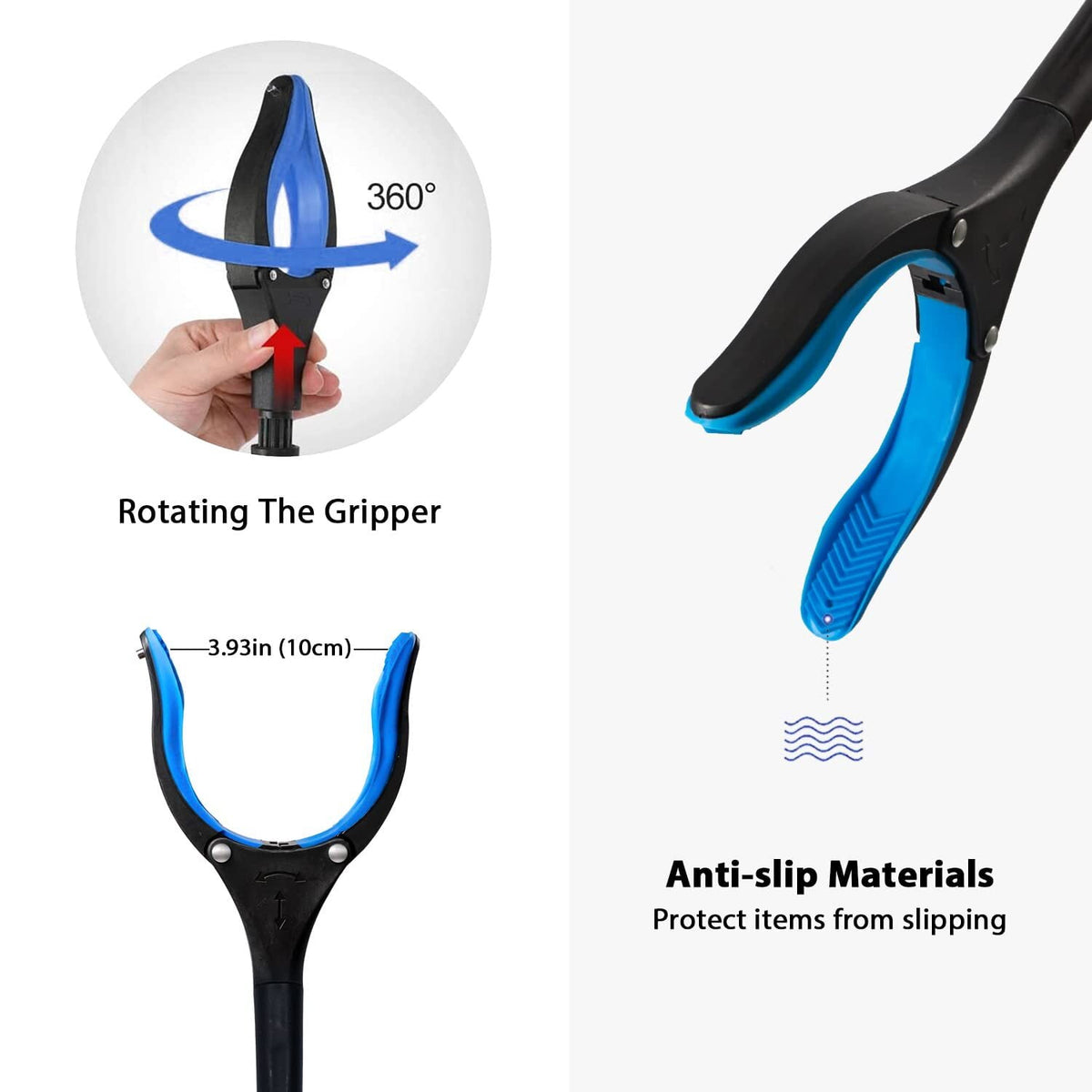ALLJOY 2 Pack 43" Grabber Tool, Handheld Trash Claw Pick-up Stick Grabber, Long Heavy-Duty Aluminum Grabber, Suitable for Seniors, with 360-Degree Rotation, Anti-Slip and Magnetic Design, Blue
