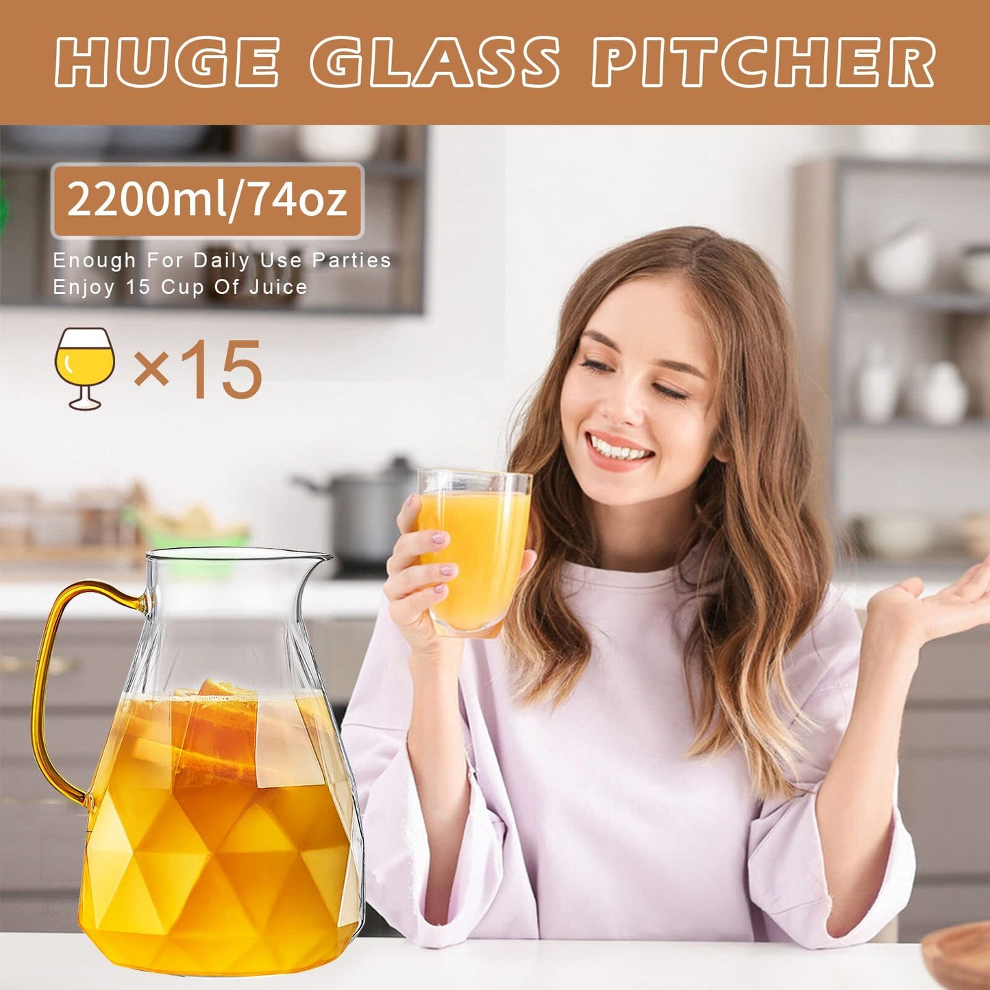 ALLJOY Glass Pitcher,74oz/2.2 Liter Water Pitcher with Lid,Beverage Serveware,Iced Tea Pitcher,Water Carafe Handle,Heat Resistant Borosilicate Jug