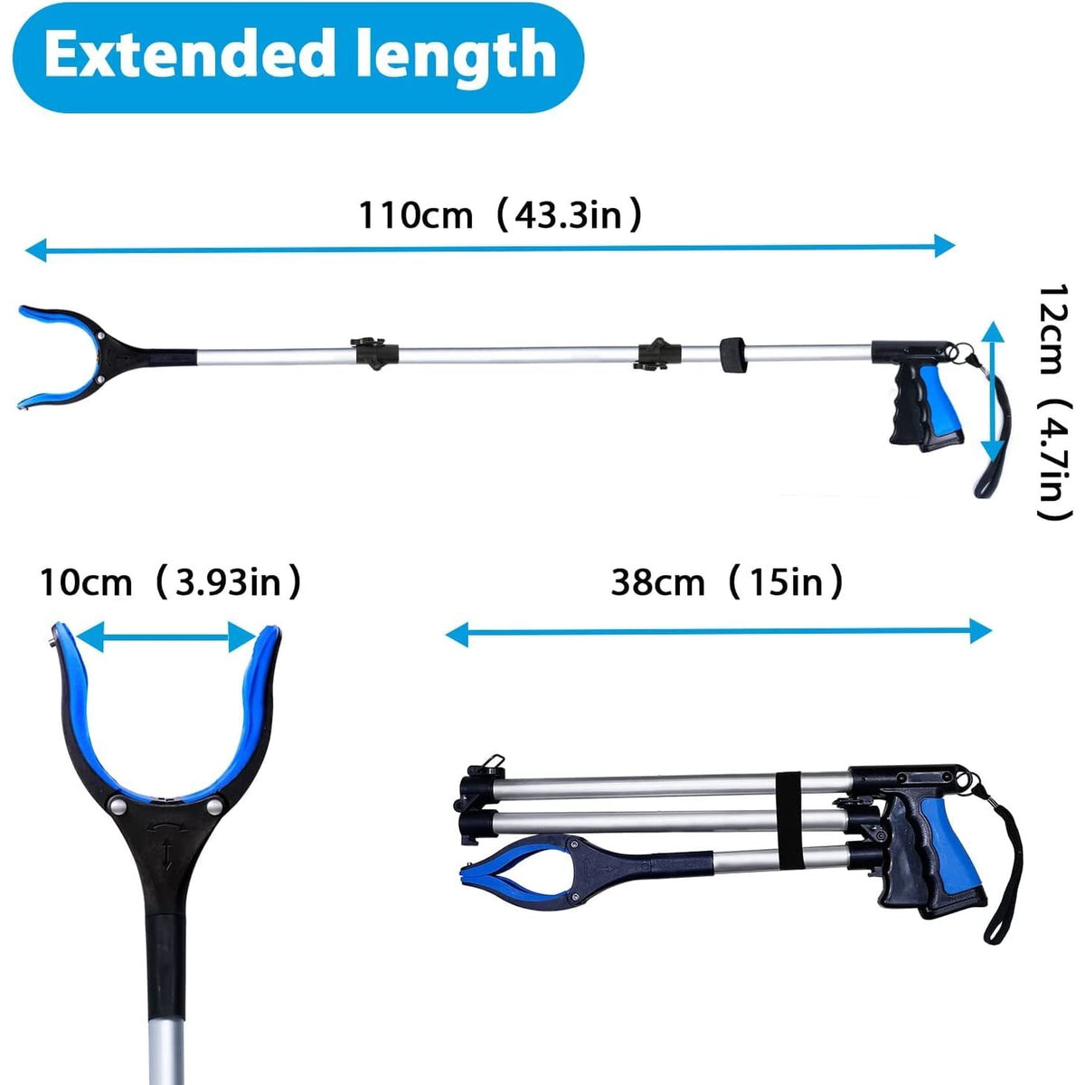 ALLJOY 2 Pack 43" Grabber Tool, Handheld Trash Claw Pick-up Stick Grabber, Long Heavy-Duty Aluminum Grabber, Suitable for Seniors, with 360-Degree Rotation, Anti-Slip and Magnetic Design, Blue