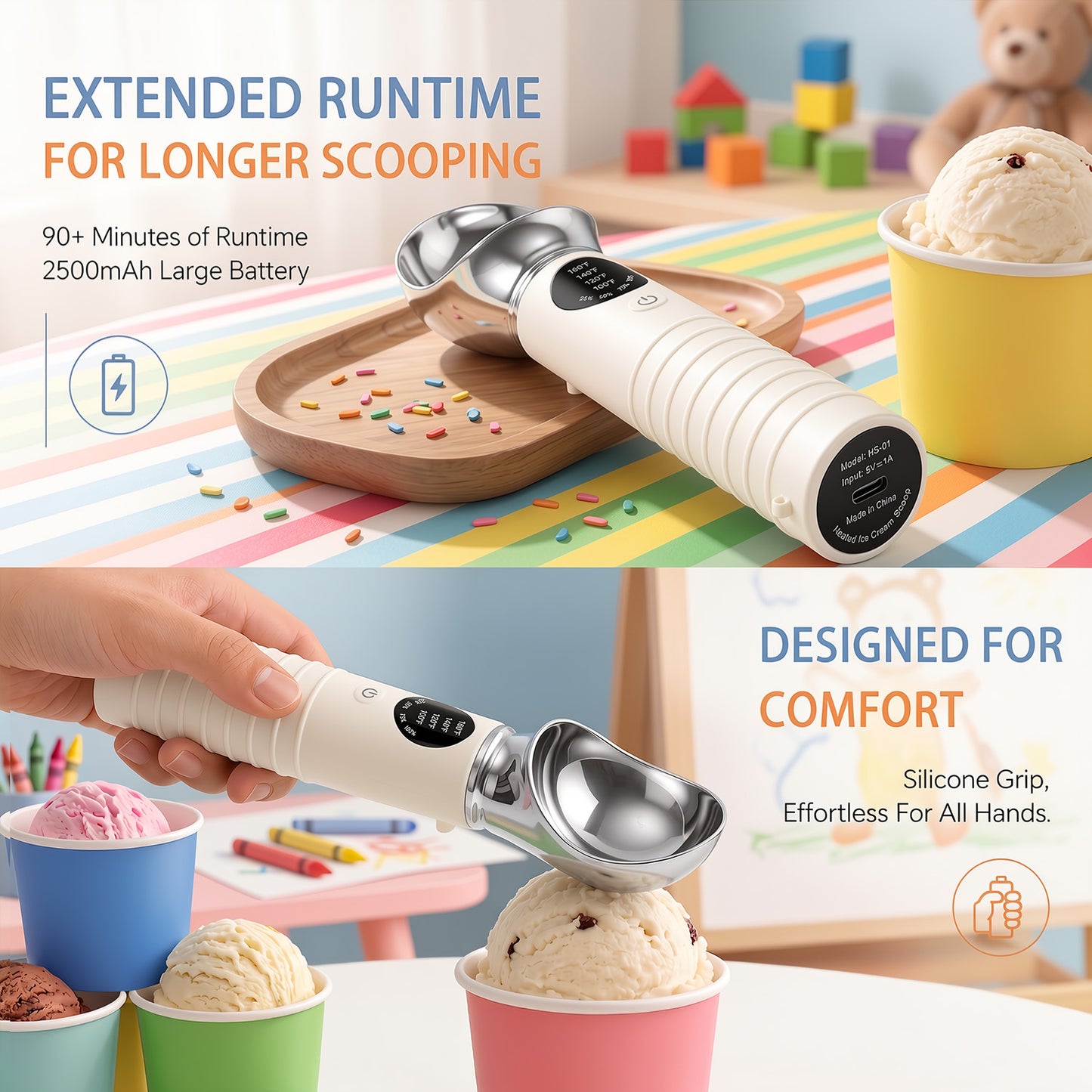 Heated Ice Cream Scoop,Okjoy, for Hard Ice Cream/Gelato,4-Speed Rechargeable Electric Warming Ice Cream Scooper with LED Display, Handheld Heating Up to 160°F, Easy to Clean