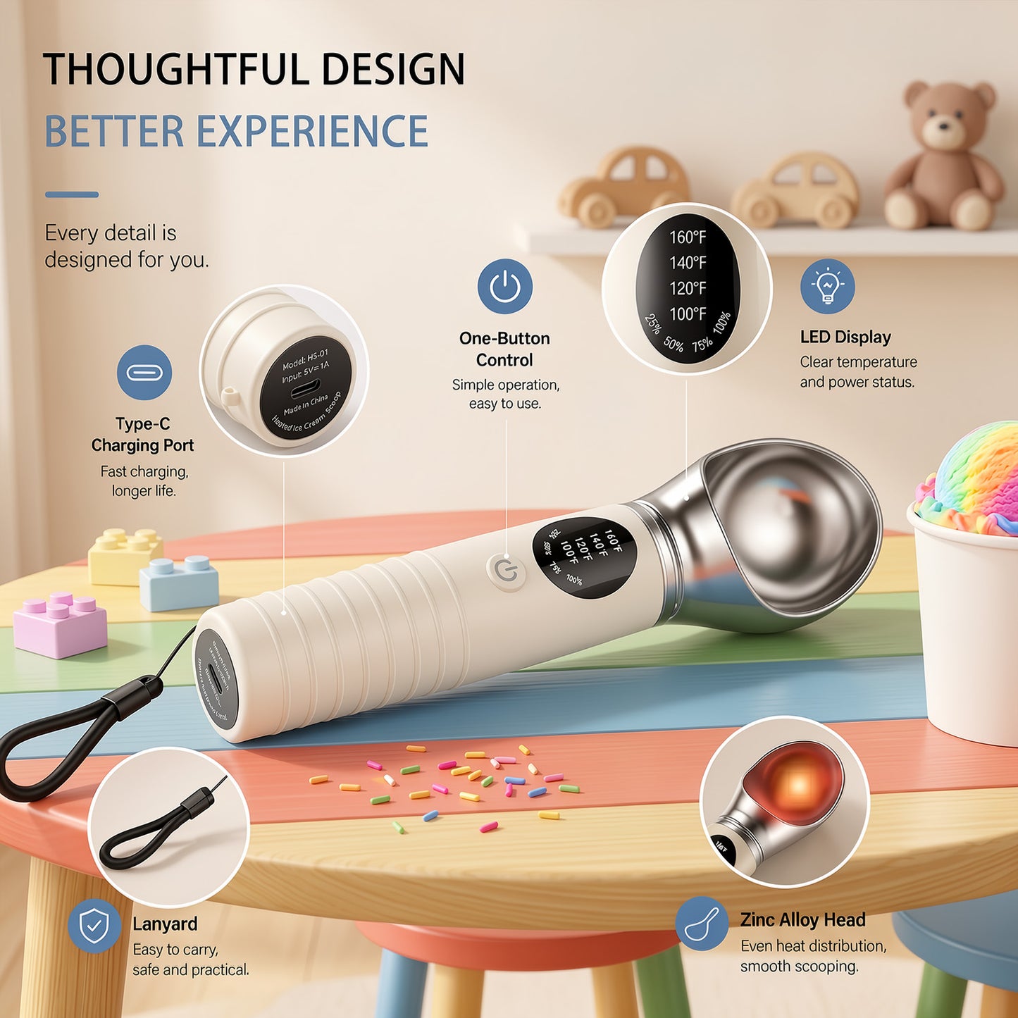 Heated Ice Cream Scoop,Okjoy, for Hard Ice Cream/Gelato,4-Speed Rechargeable Electric Warming Ice Cream Scooper with LED Display, Handheld Heating Up to 160°F, Easy to Clean