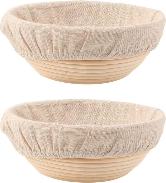 ALLJOY Round Bread Dough Proofing Rising Rattan Baskets(Set of 2, 9 inch) w/Liners for Home Sourdough Bread Bakers
