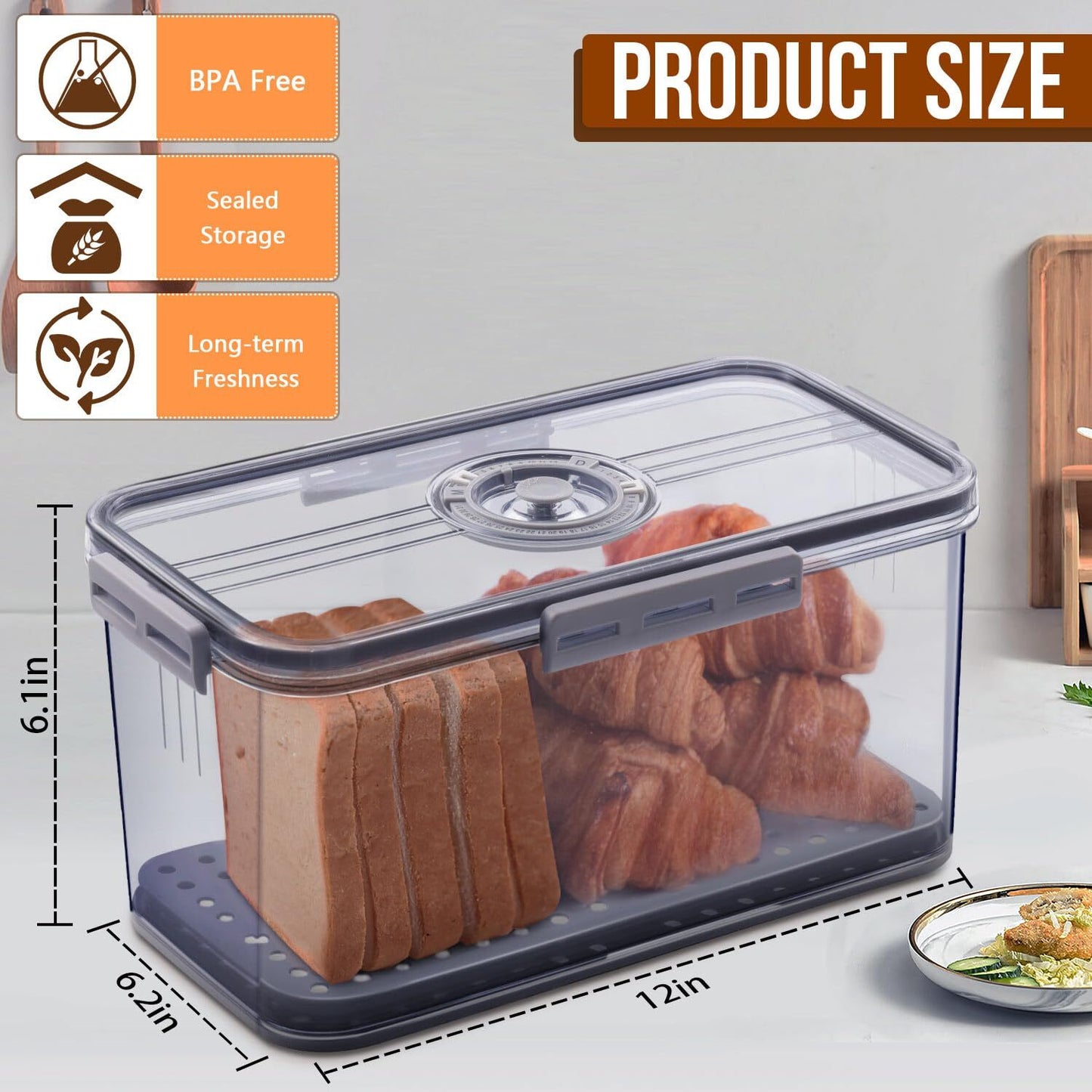 ALLJOY Bread Box Bread Boxes for Kitchen Counter Airtight, Time Recording Bread Storage Container with Lid, Bread Keeper for Homemade Bread, Toast, Bagel, Donut and Cookies, Grey