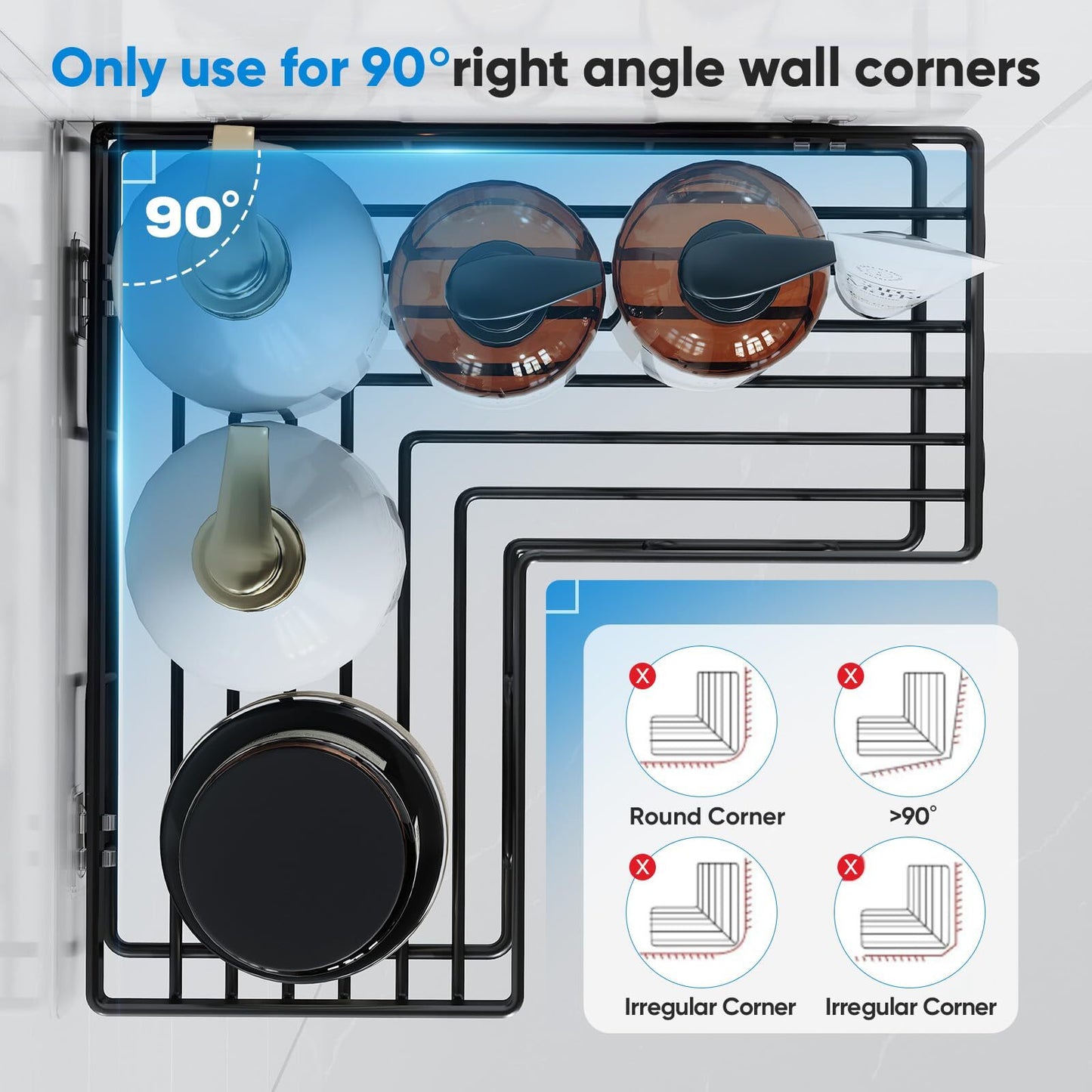ALLJOY Corner Adhesive Shower Caddy, Rustproof Stainless Steel Bathroom Organizer, No Drilling Wall Mounted Rack, Black, 5-Pack