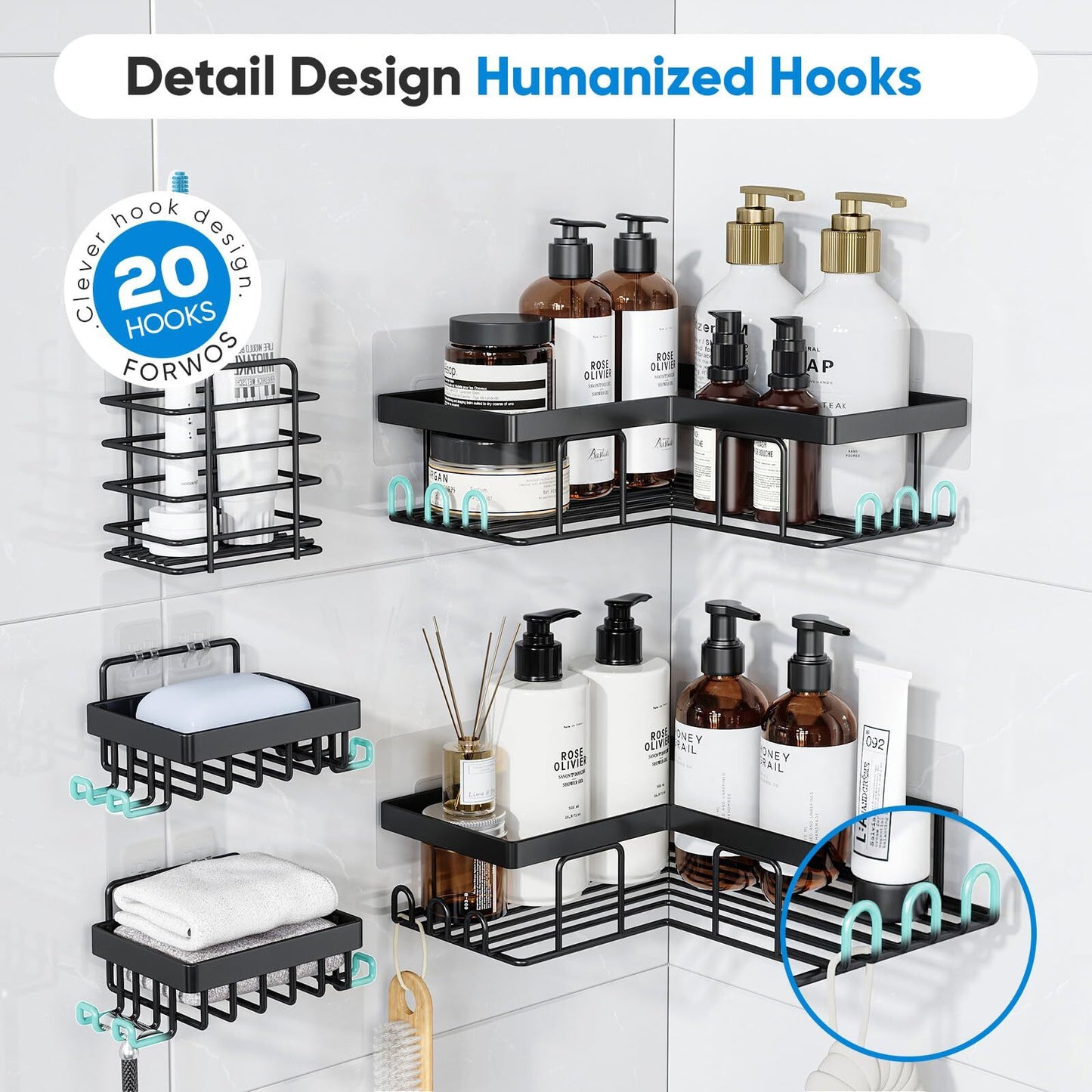 ALLJOY Corner Adhesive Shower Caddy, Rustproof Stainless Steel Bathroom Organizer, No Drilling Wall Mounted Rack, Black, 5-Pack