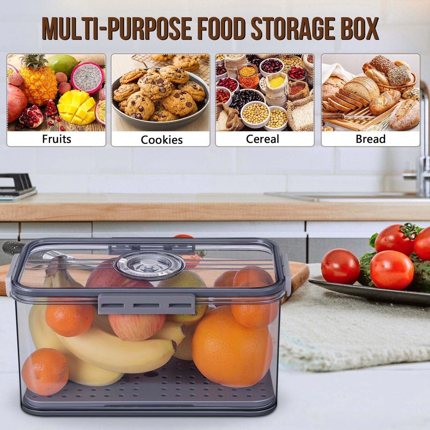 ALLJOY Bread Box Bread Boxes for Kitchen Counter Airtight, Time Recording Bread Storage Container with Lid, Bread Keeper for Homemade Bread, Toast, Bagel, Donut and Cookies, Grey