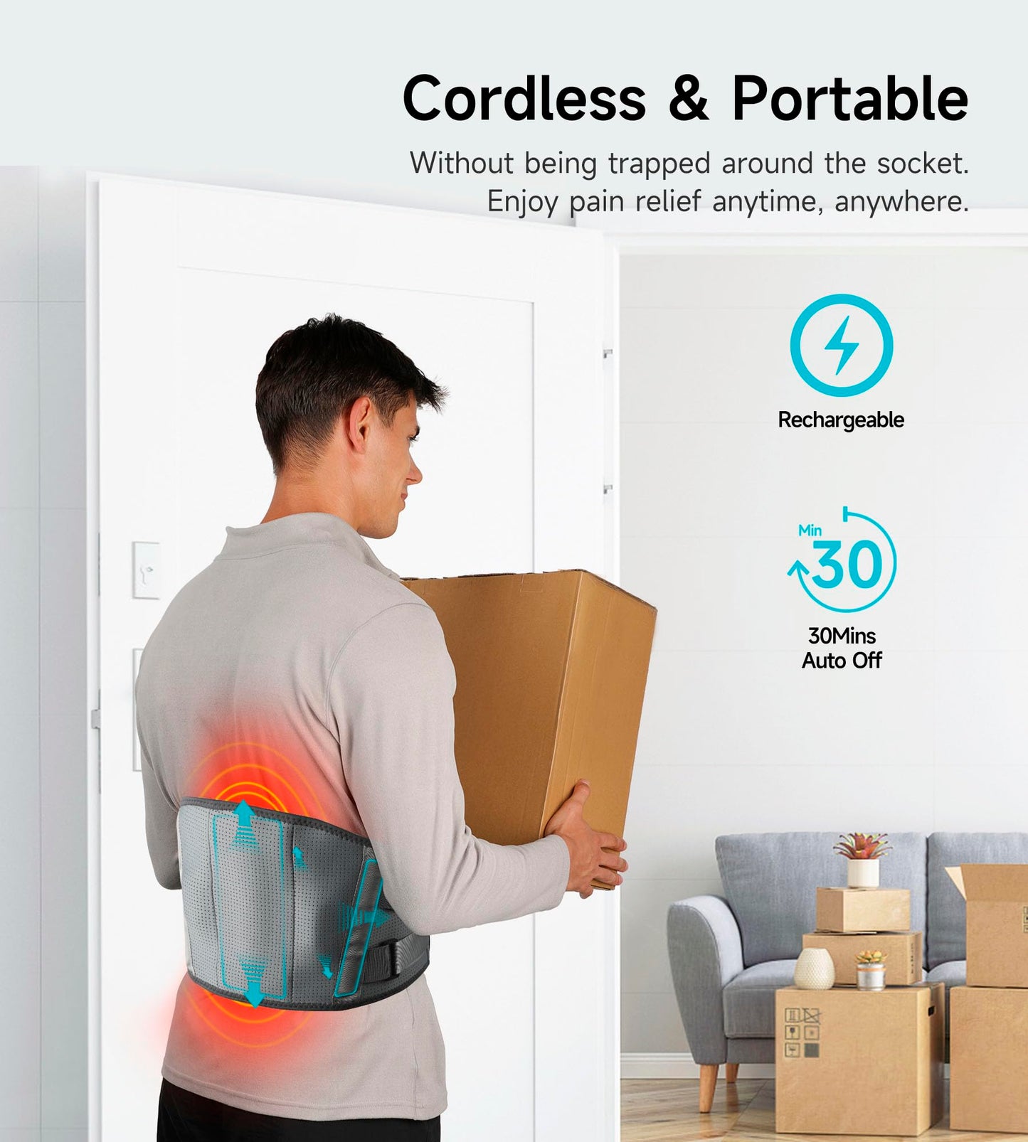 ALLJOY Cordless Heating Pad for Back, 60" Lower Back Massager Heating Pad for Back Pain Relief, Portable Heating Pad Heated Back Support Brace with 3 Heating Levels 5 Vibration Massage Grey