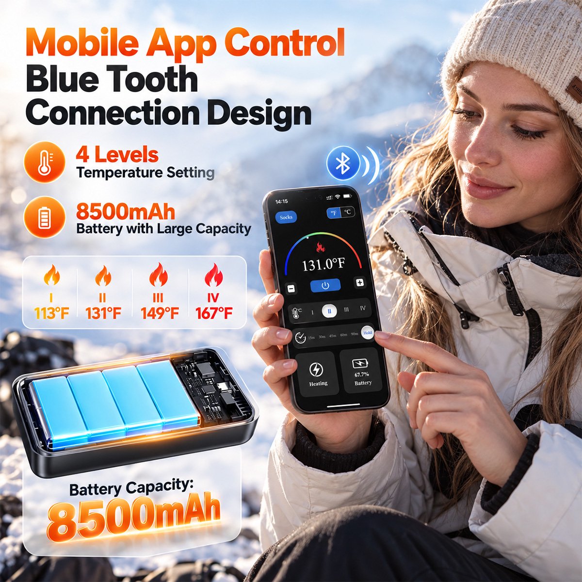 ALLJOY Heated Socks for Men Women 2*8500mAh Rechargeable Electric with APP Control Work for Hunting/Skiing/Cycling/Camping