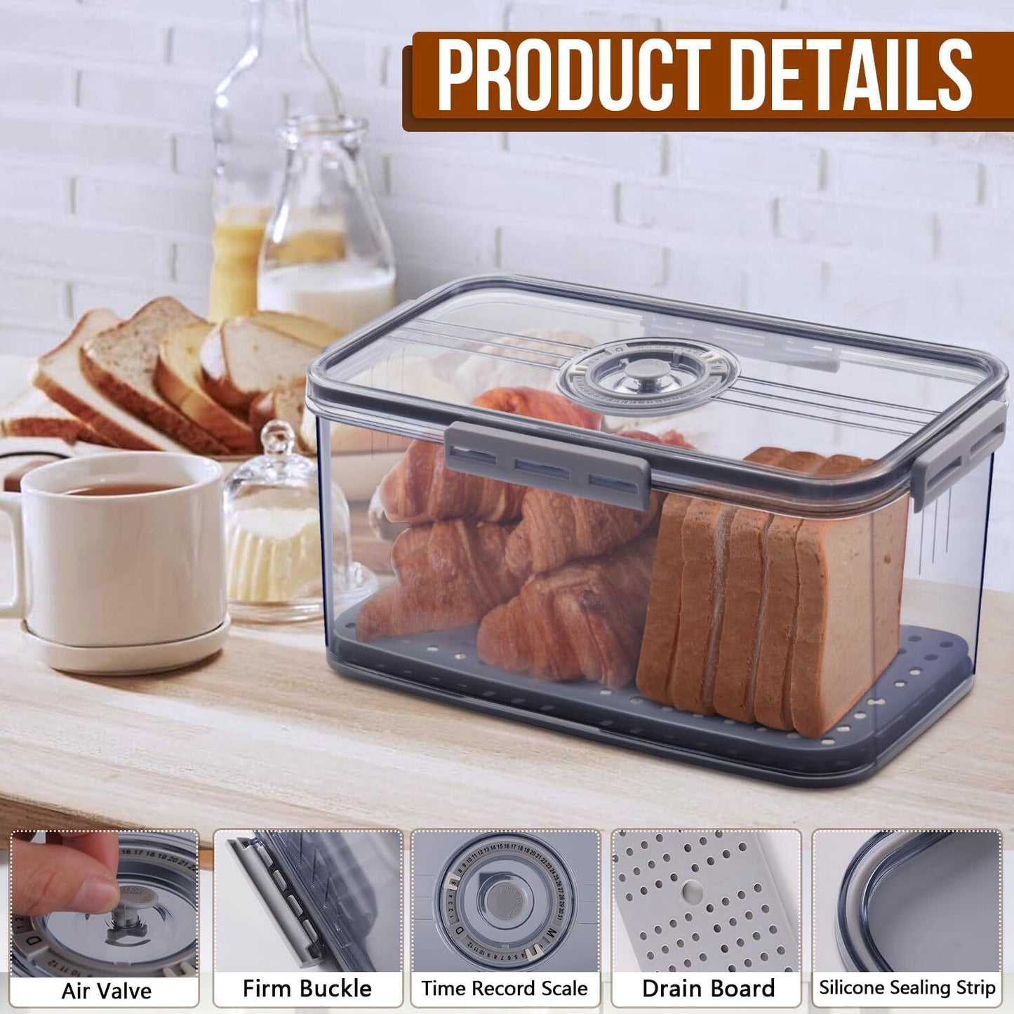 ALLJOY Bread Box Bread Boxes for Kitchen Counter Airtight, Time Recording Bread Storage Container with Lid, Bread Keeper for Homemade Bread, Toast, Bagel, Donut and Cookies, Grey