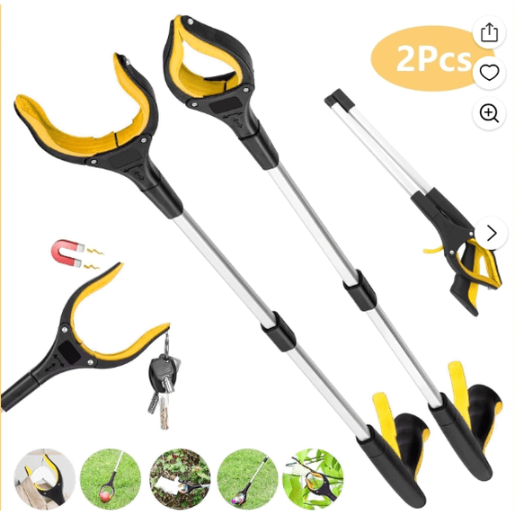 ALLJOY 2 Pack 43" Grabber Tool, Handheld Trash Claw Pick-up Stick Grabber, Long Heavy-Duty Aluminum Grabber, Suitable for Seniors, with 360-Degree Rotation, Anti-Slip and Magnetic Design, Yellow