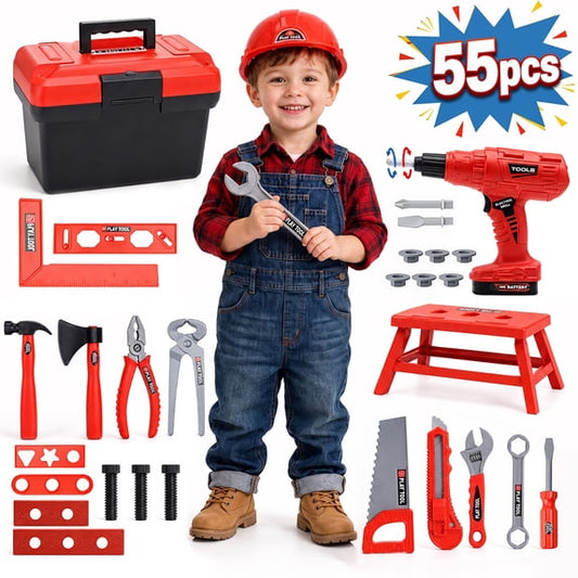 ALLJOY 55pcs Kids Tool Set,Pretend Play Construction Toys with Tool Box & Electronic Toy Drill Christmas Birthday Gift for Toddlers Boys Girls